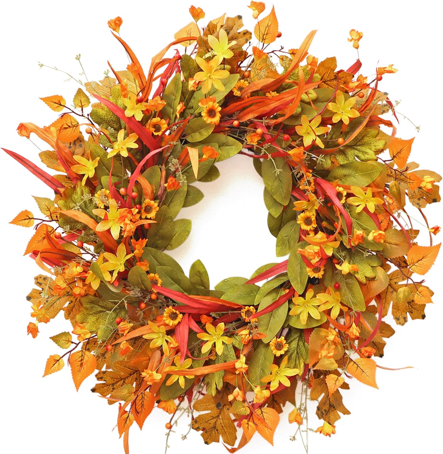 Fall Wreath for Front Door, 24 Inch Autumn Wreath with Berries,Lemon Leaves, Oak Leaves, and Maple Leaves Fall Decorations for Home, Artificial Flowers Harvest and Thanksgiving Indoor & Outdoor