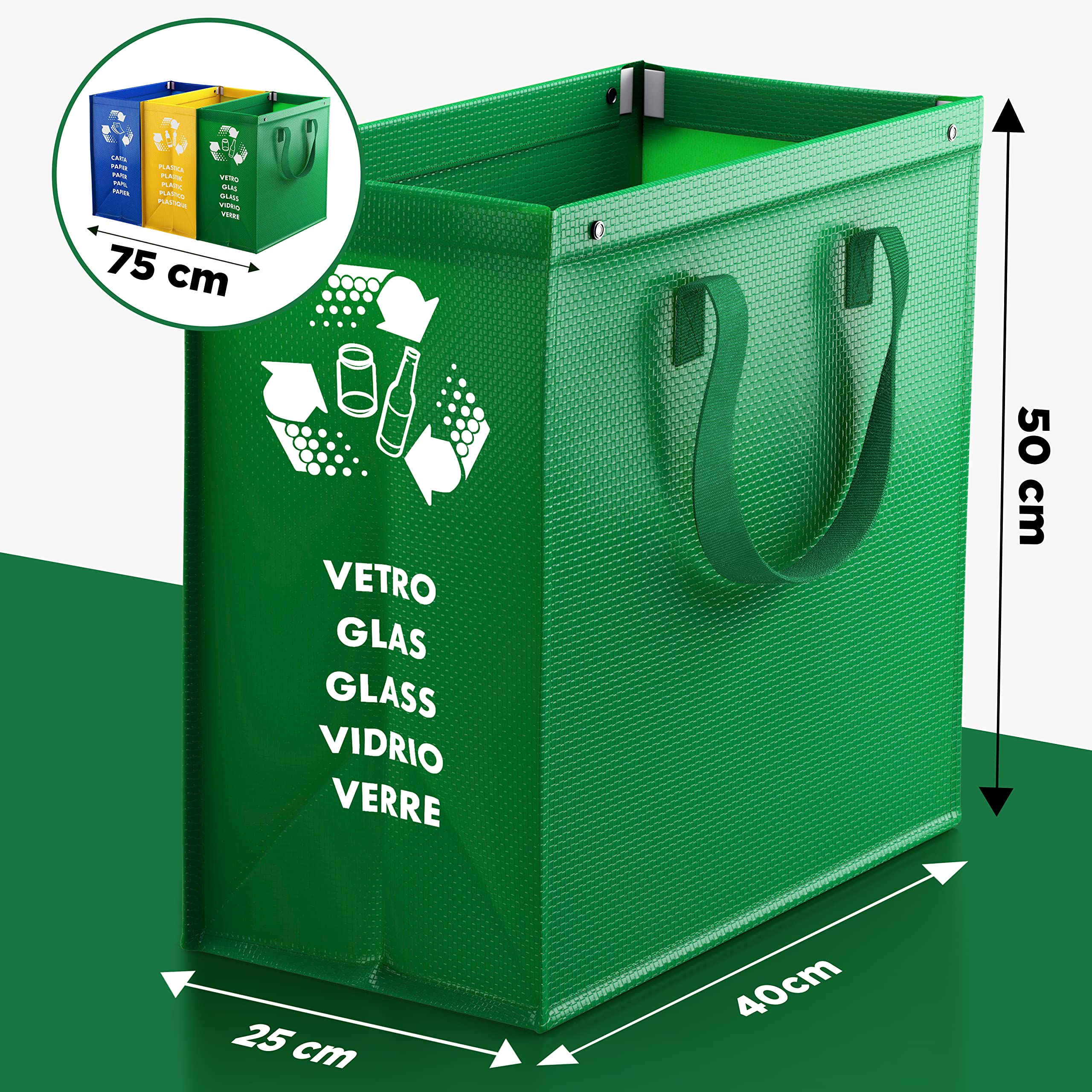 PTMS® Borse Raccolta Differenziata - 3 Bidoni Differenziata da Interno ed Esterno per Carta, Plastica e Vetro - Set Bidoni per Raccolta Differenziata Interno in Colore di Riciclaggio