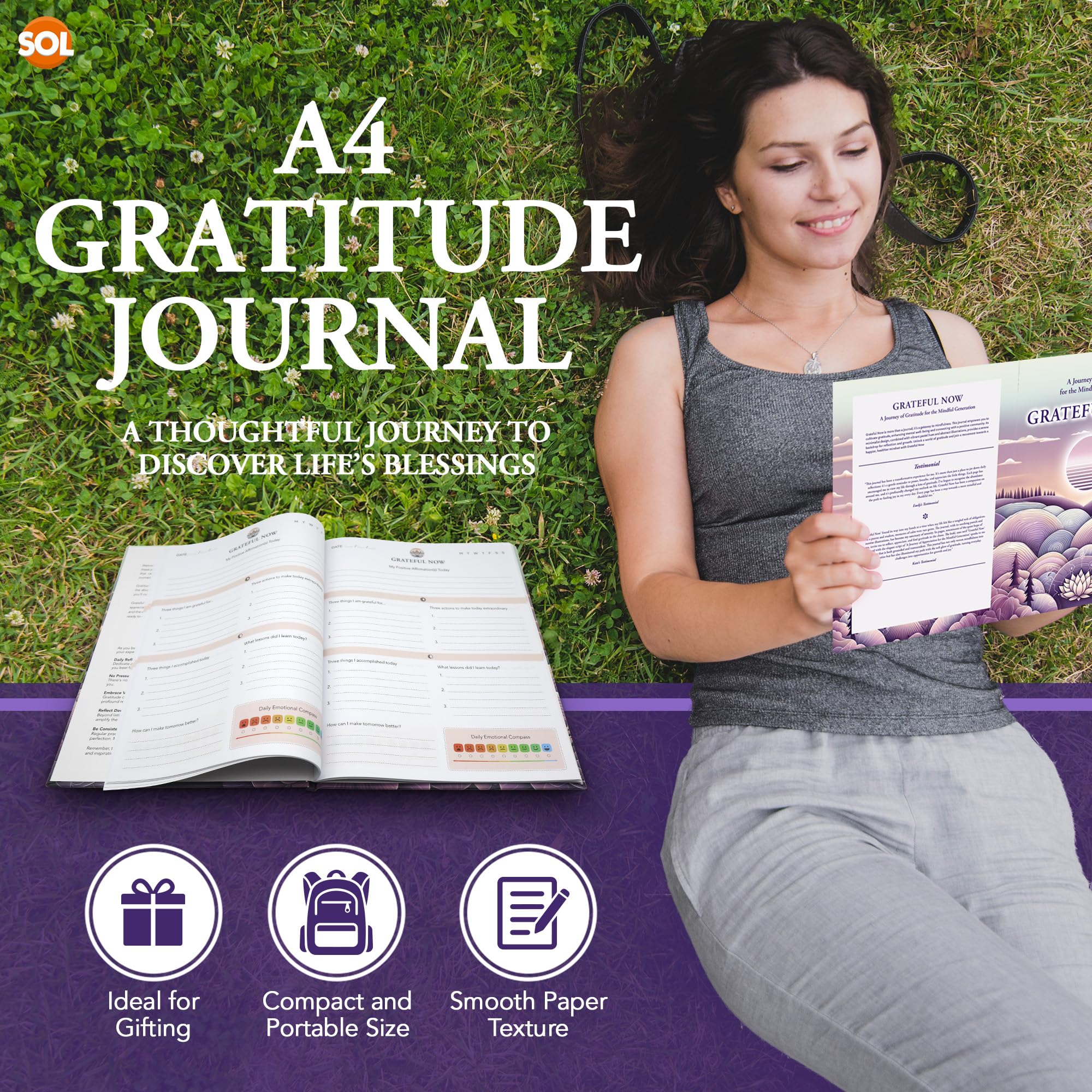 SOL A4 Gratitude Journal for Women Daily Self Care Journal Mindfulness Reflection Planner Notebook Guided Prompts Goal Setting Wellness Positivity Writing Diary Personal Development - Image 3