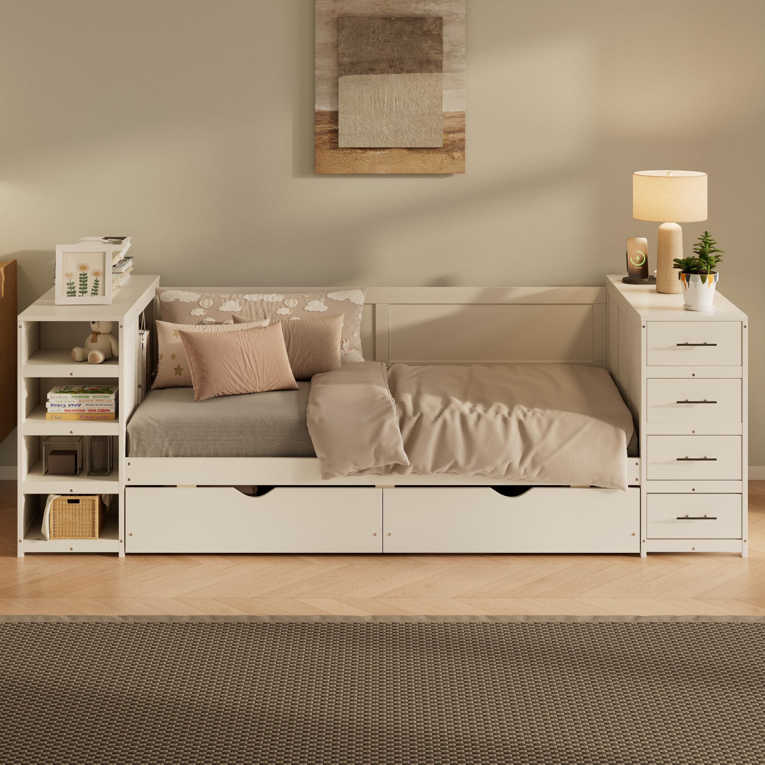 LZ LEISURE ZONE Twin Size Daybed with Side Shelves & Drawers, Wooden Storage Bed with Multi-Functional Desk and Charging Station, White