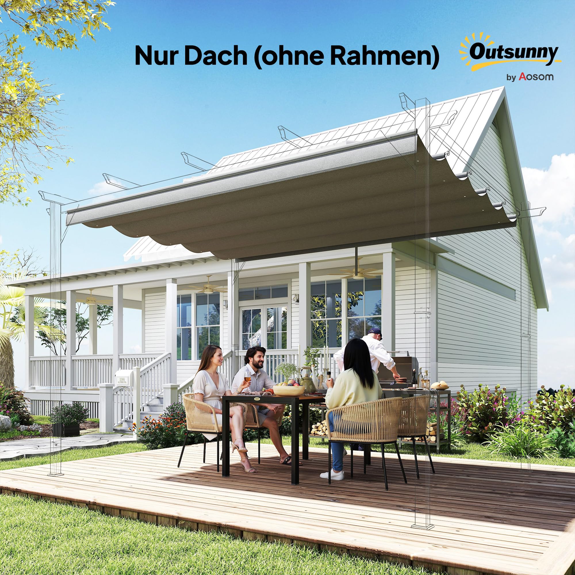 Outsunny Ersatzdach für 4 x 3 m Pergola, wasserdicht einziehbar Welle Überdachung mit Regenabflusslöchern, NUR Schattenabdeckung für Garten, Terrasse, 350 x 260 cm Hellgrau