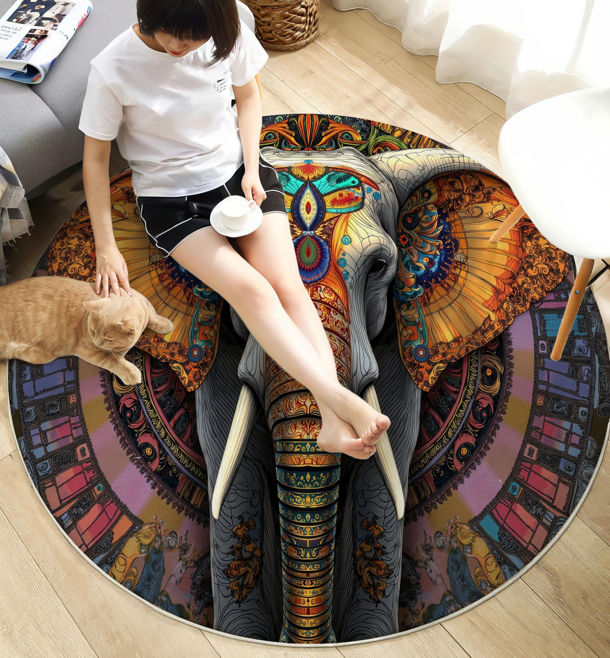 Tapis Ronds Mandala Éléphant, Tapis Rond Illustration Ethnique Antidérapant Doux Rugs Chambre, Lavable Rug De Salon, pour Bureau L'intérieur 120cm