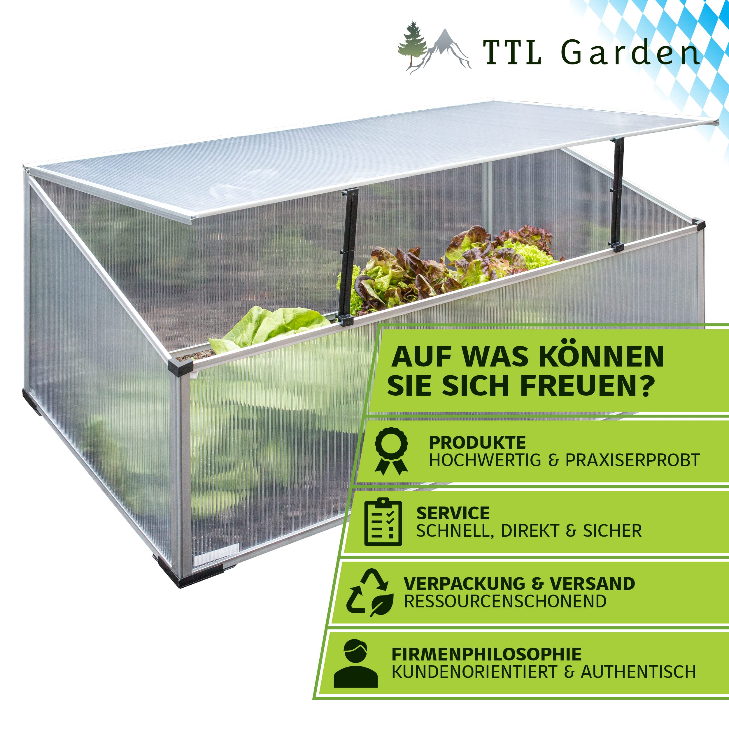 TTL GARDEN Frühbeet Aufsatz 100x60x40cm Alu & Polycarbonat - Hochbeet Kasten Mini Gewächshaus Frühbeetkasten 100 cm lang 60 cm breit, Wärme & Schutz für Pflanzen im Frühjahr, Deckel einstellbar