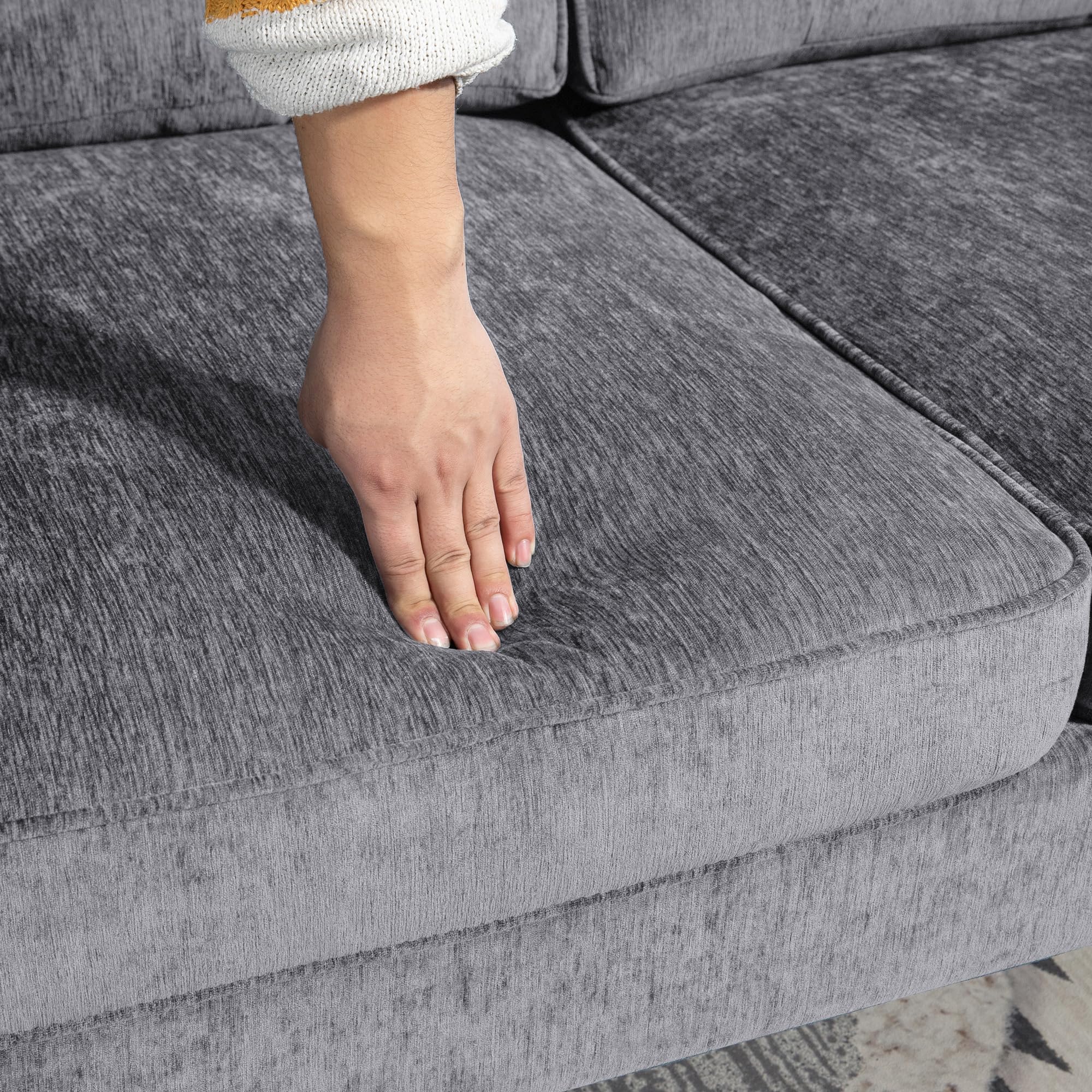 HOMCOM Sofá Esquinero de 3 Plazas Tapizado en Chenilla 215x142x88 cm Gris | Sofá Chaise Longue en Forma de L, Patas de Madera y Reposabrazos, Estilo Moderno, para Salón