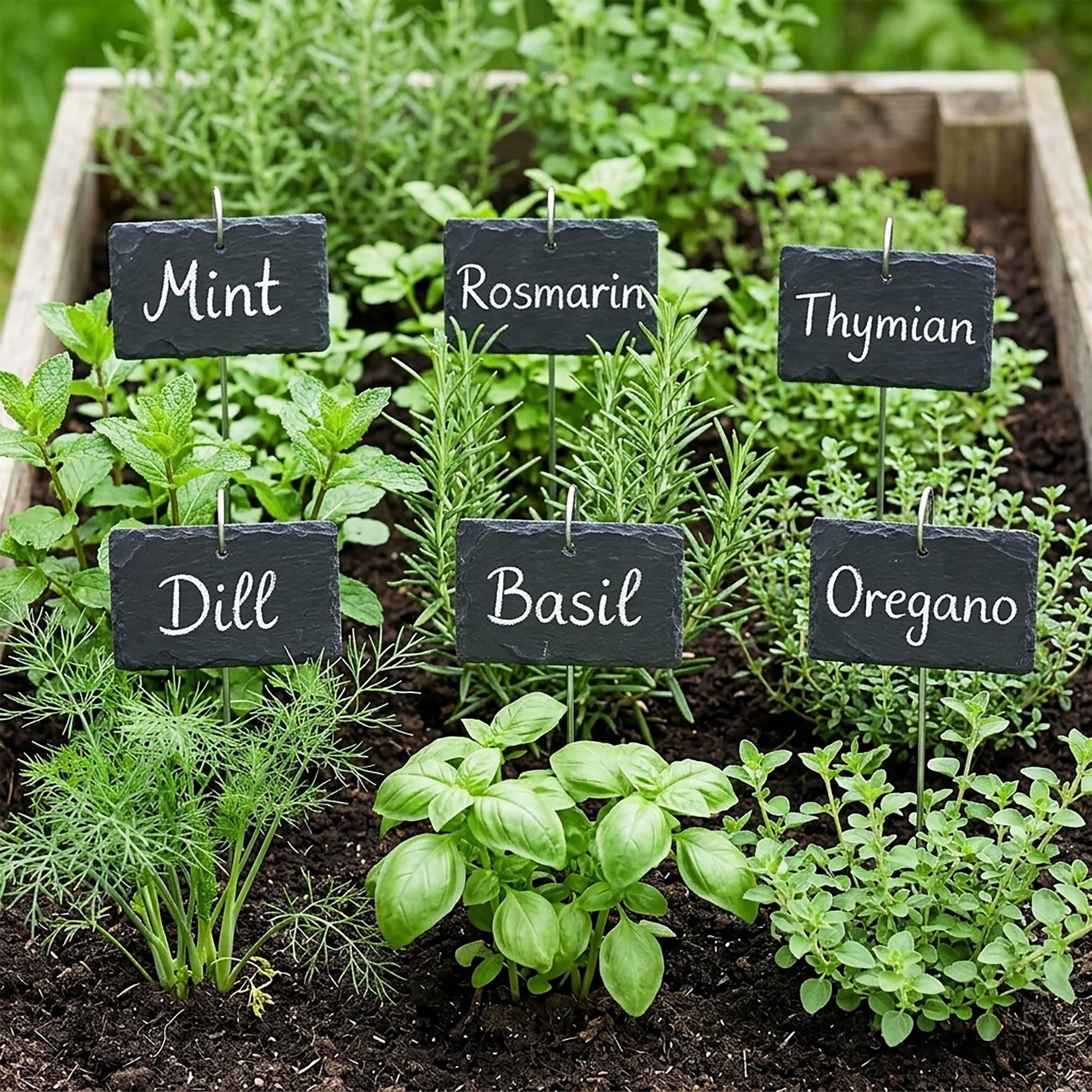 Lot de 12 plaques en ardoise avec piquet de terre - 10 x 7 cm - Avec piquet en métal - Résistant aux intempéries - Pour jardin, parterre et herbes