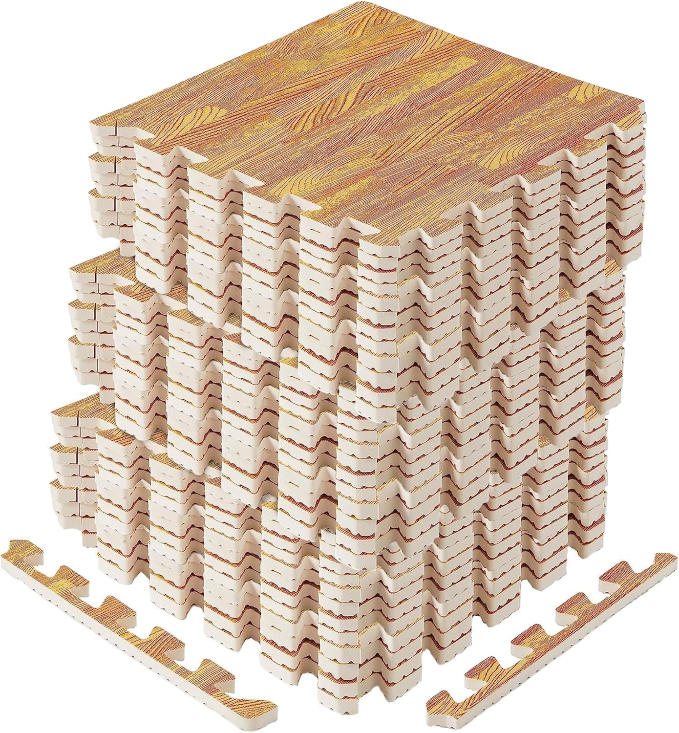 Yes4All EVA Interlocking Mats, Puzzle Floor Tiles, Foam Floor Padding with Border for Furniture, Home Space, Living Room, Garage 11,22,32 SQFT A. Oak Wood Light 32SQFT