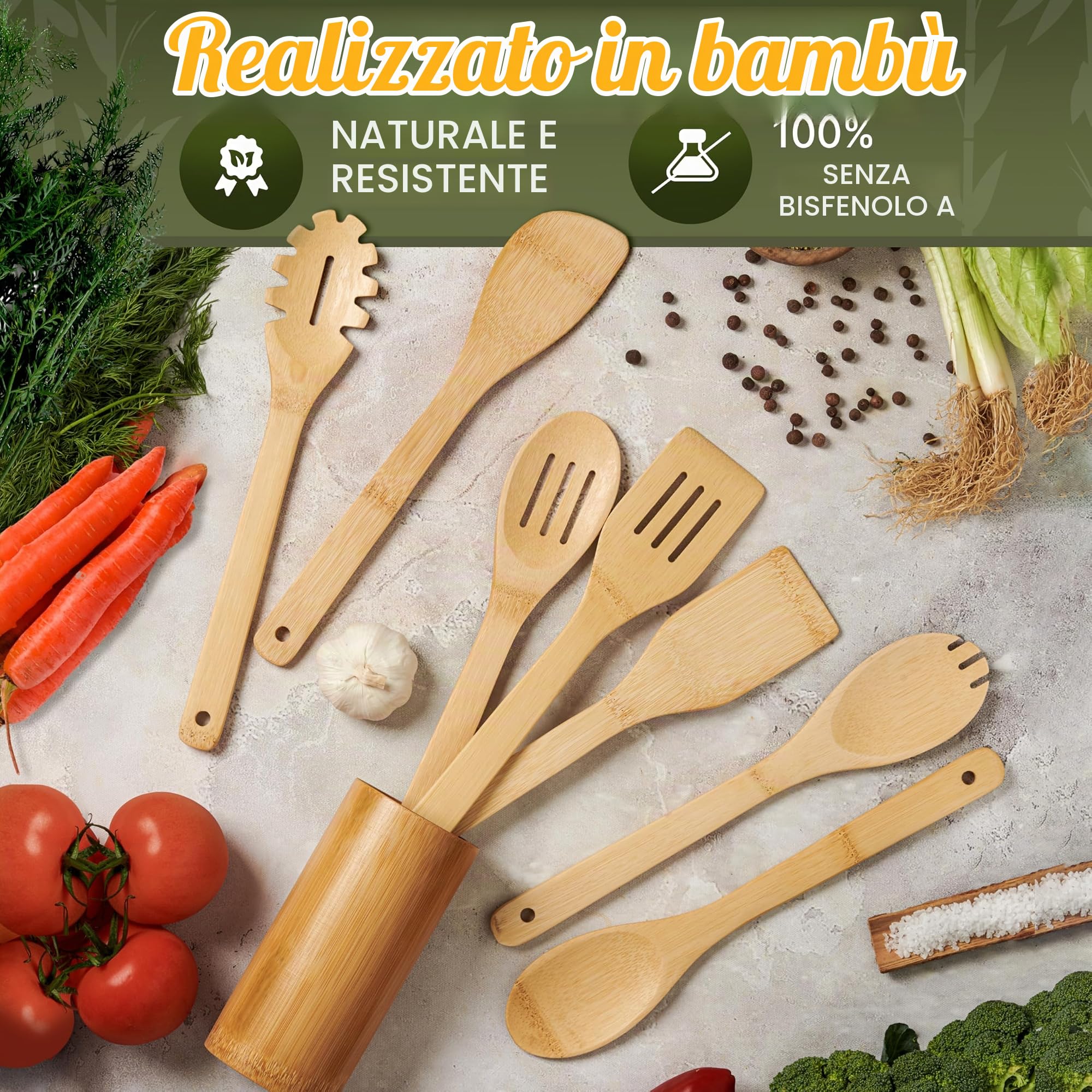Set di 7 cucchiai da cucina in legno con supporto in 100% bambù