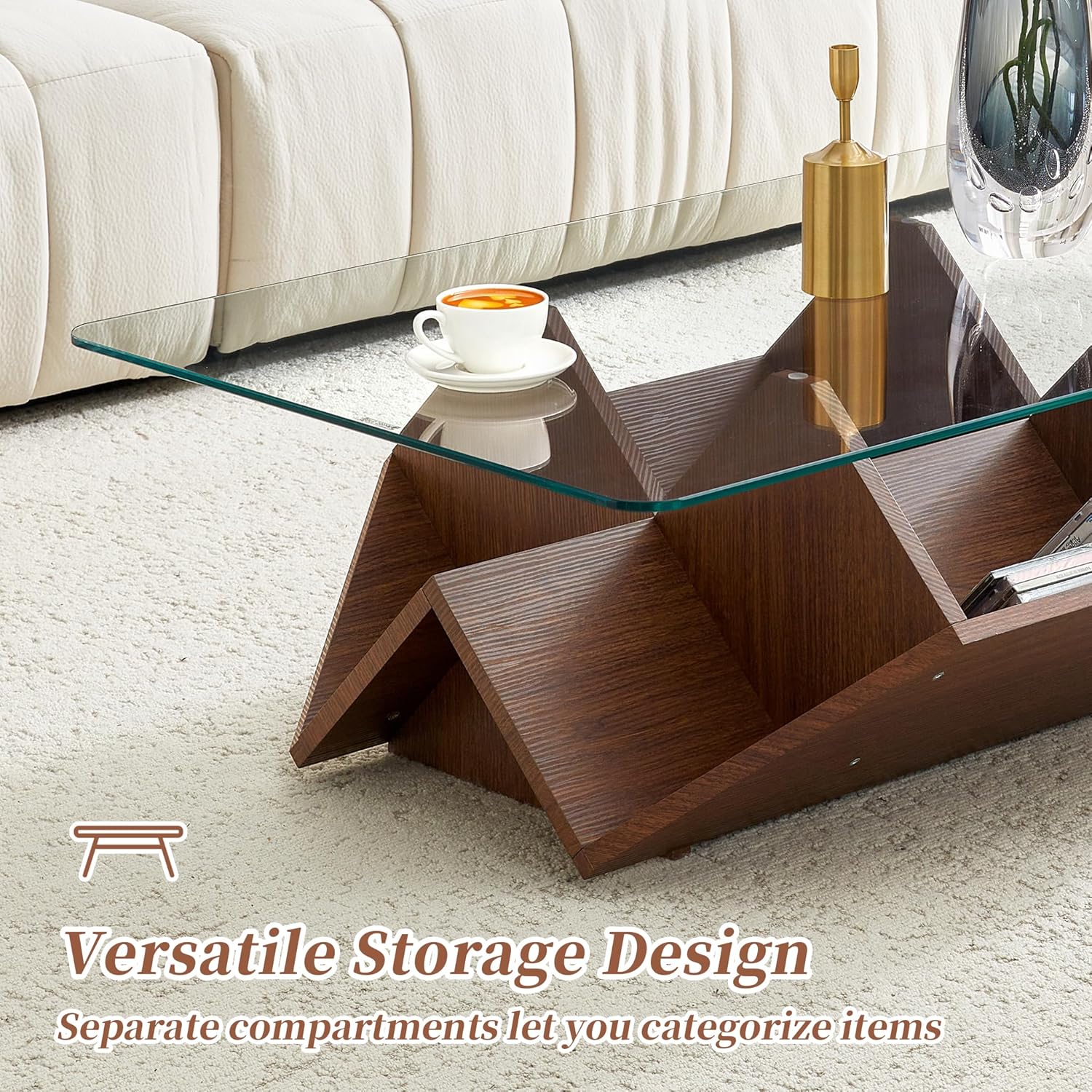 Glass Coffee Table 43.5"x27.5"x13.8" Rectangle Mid Century Modern Center Table with Tempered Glass Top and Wood Base Abstract Unique Coffee Table for Apartment Office Walnut