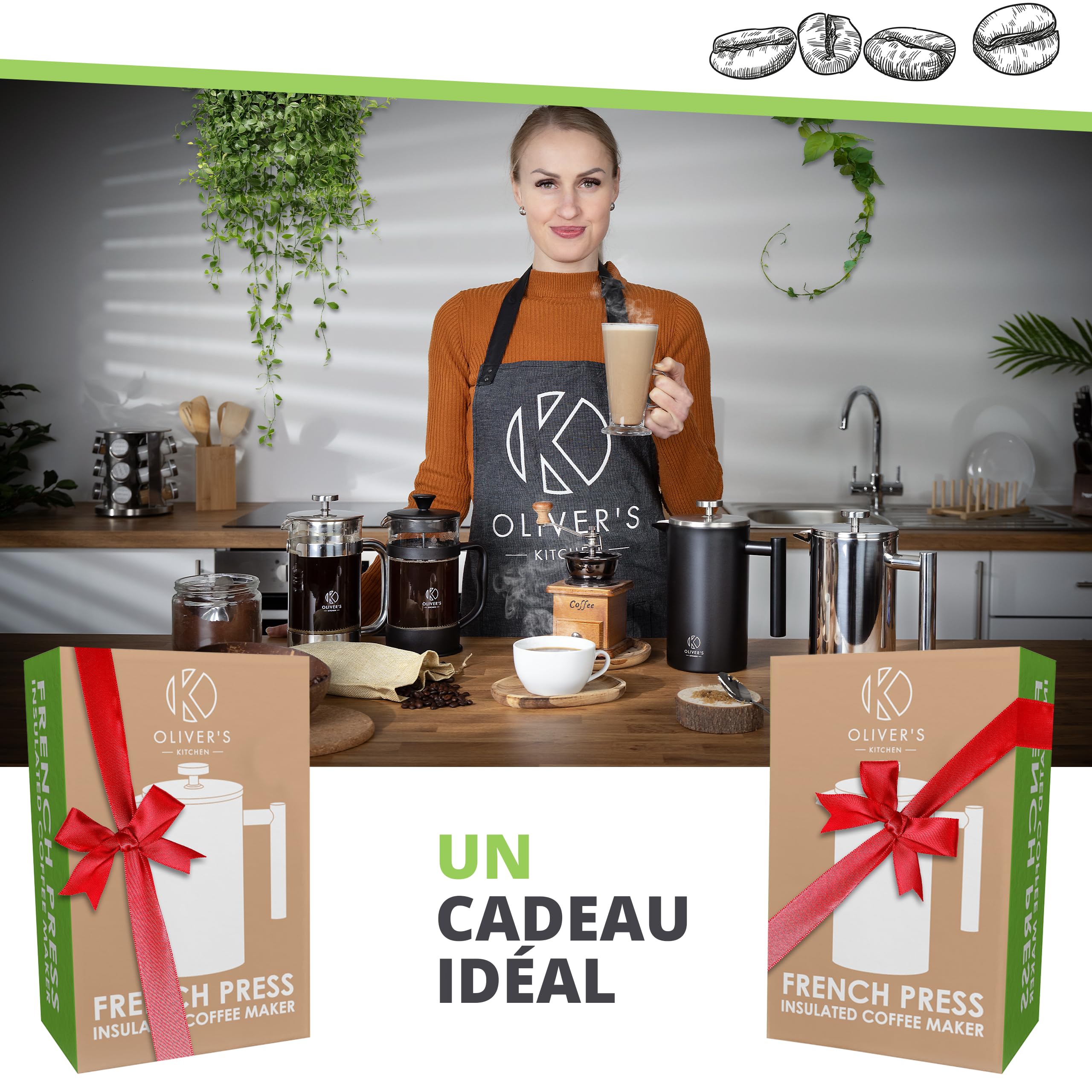 Oliver's Kitchen ® Cafetière à Piston Isotherme à Double Paroi de Qualité Supérieure - Noir - 1 litre