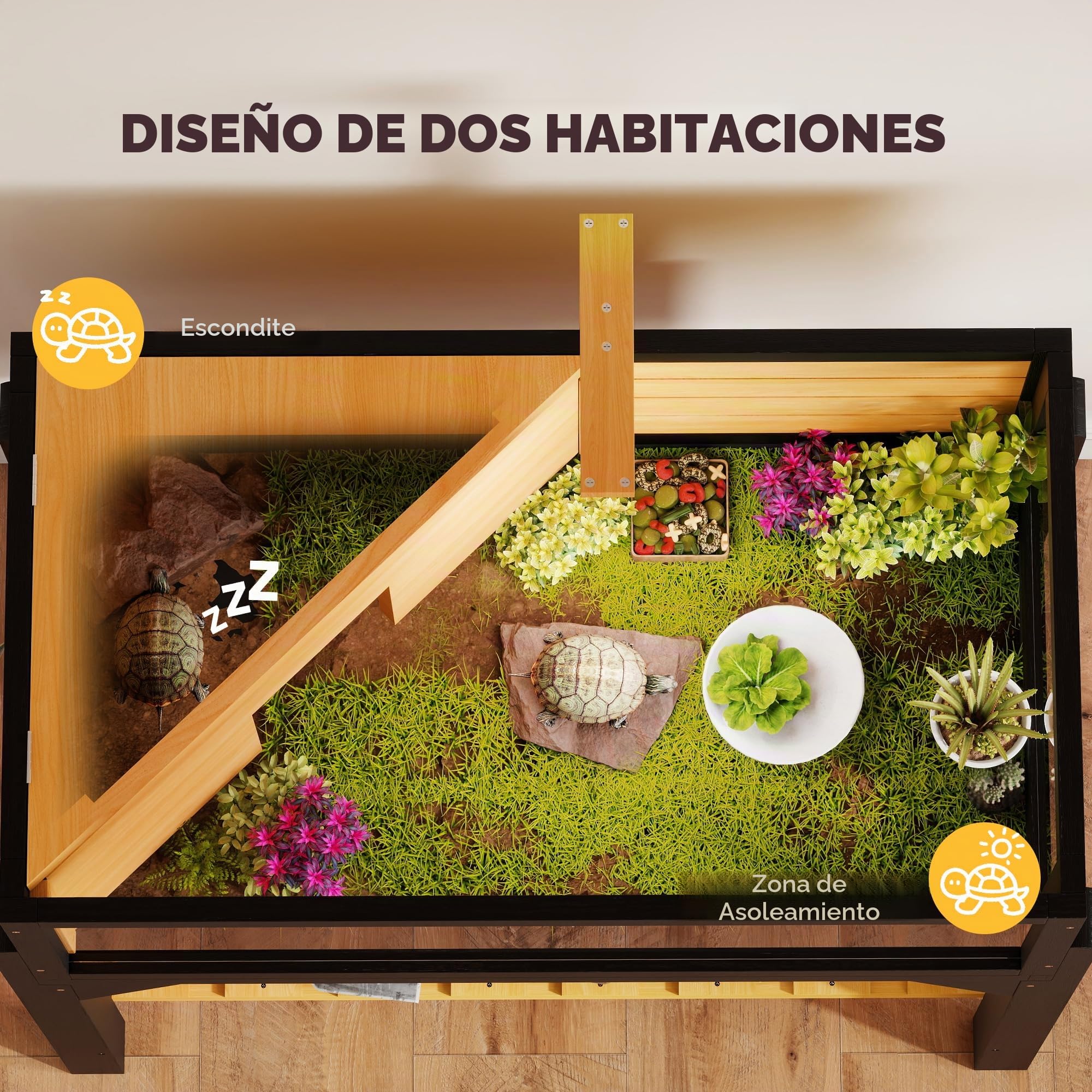 PawHut Caseta de madera para tortugas con estante de almacenamiento y ventanas transparentes, hábitat con portalámparas, parte superior abatible, bandeja integrada, amarillo