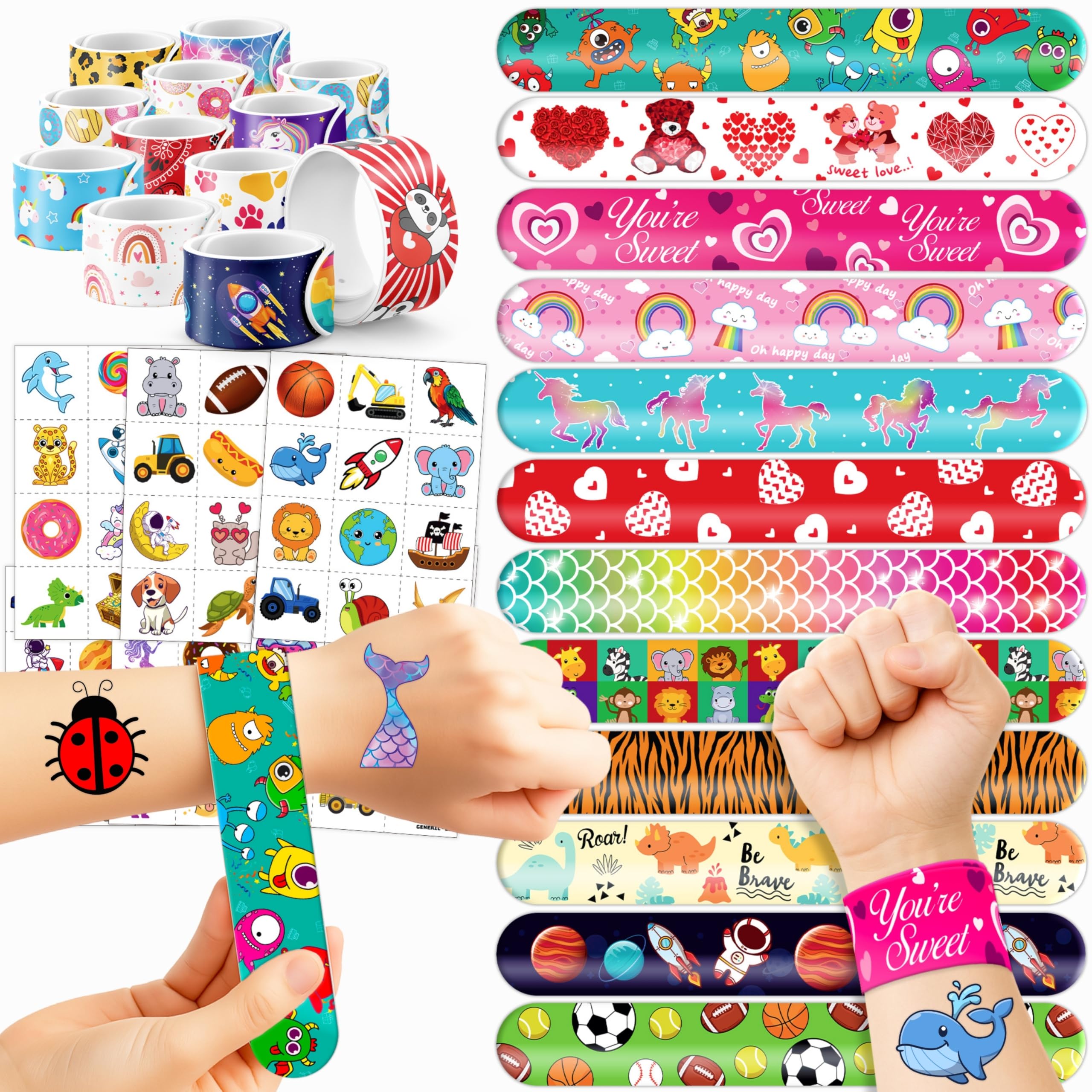 144PCS Party Favor Classroom Prizes For Kids - 72 Temporary Pre-Cut Tattoos & 72 Slap Bracelets – Fun Party Favors for Boys & Girls, Birthday Goodie