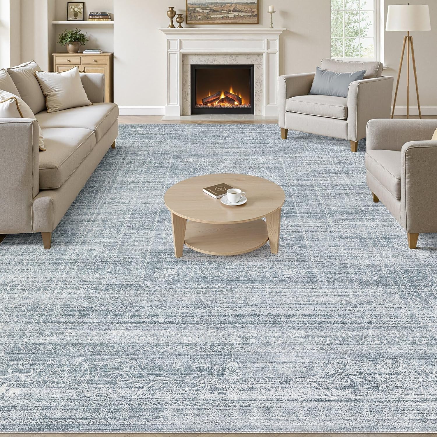 5x7 Area Rugs Living Room: Washable Large Vintage Blue Rug Neutral Non-Slip Soft Stain Resistant Indoor Carpet for Bedroom Nursery Dining Room Under Table Bed Home House Office Playroom Blue 5' x 7'