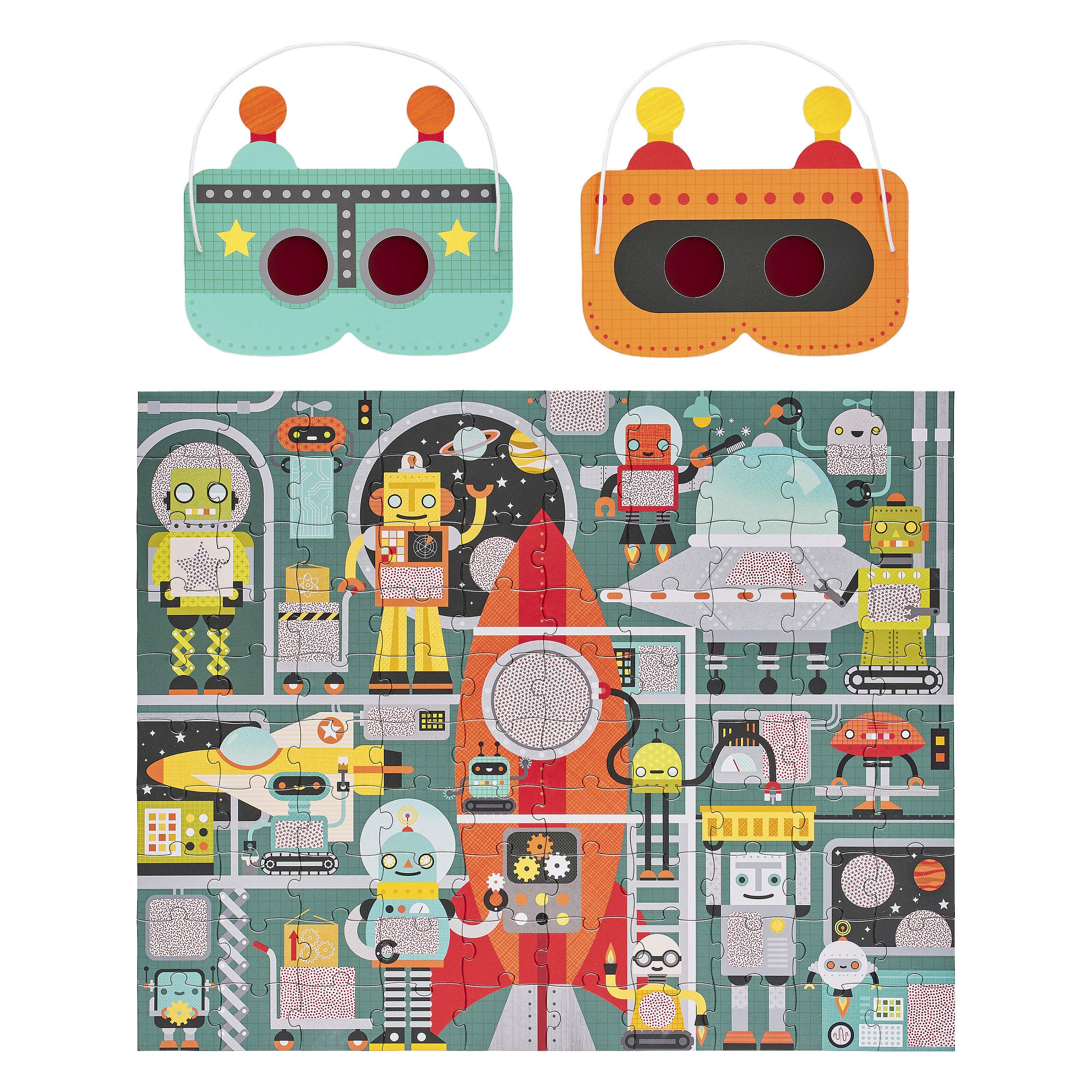 Petit Collage Robot Factory Decoder Children's Puzzle, 100-Pieces - Jigsaw Puzzle for Kids - Includes Glasses to Uncover Hidden Objects - Robot Puzzle for Ages 4+, Makes a Great Gift Idea