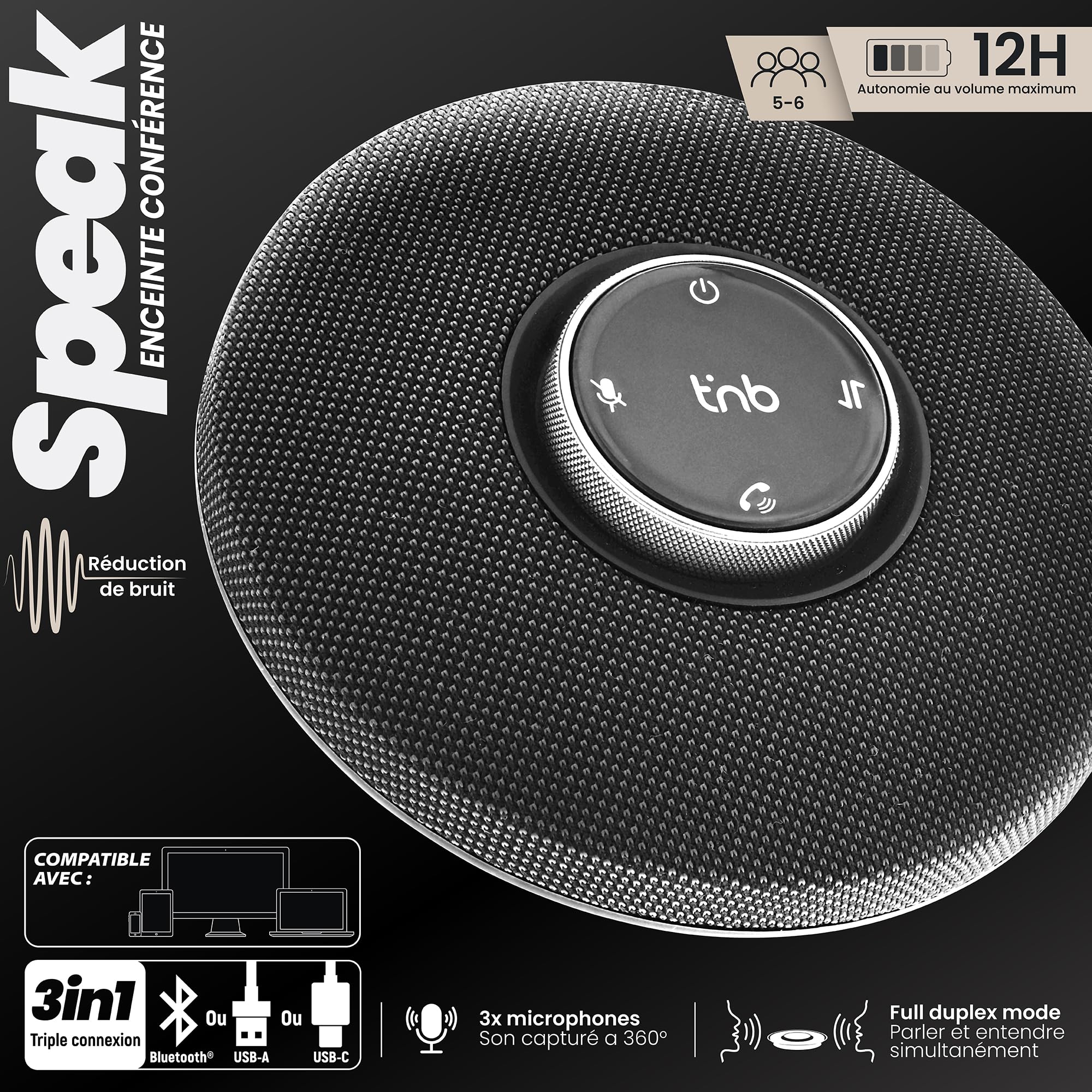 T'nB - Enceinte de Conférence Bluetooth, USB-A/USB-C Professionnelle