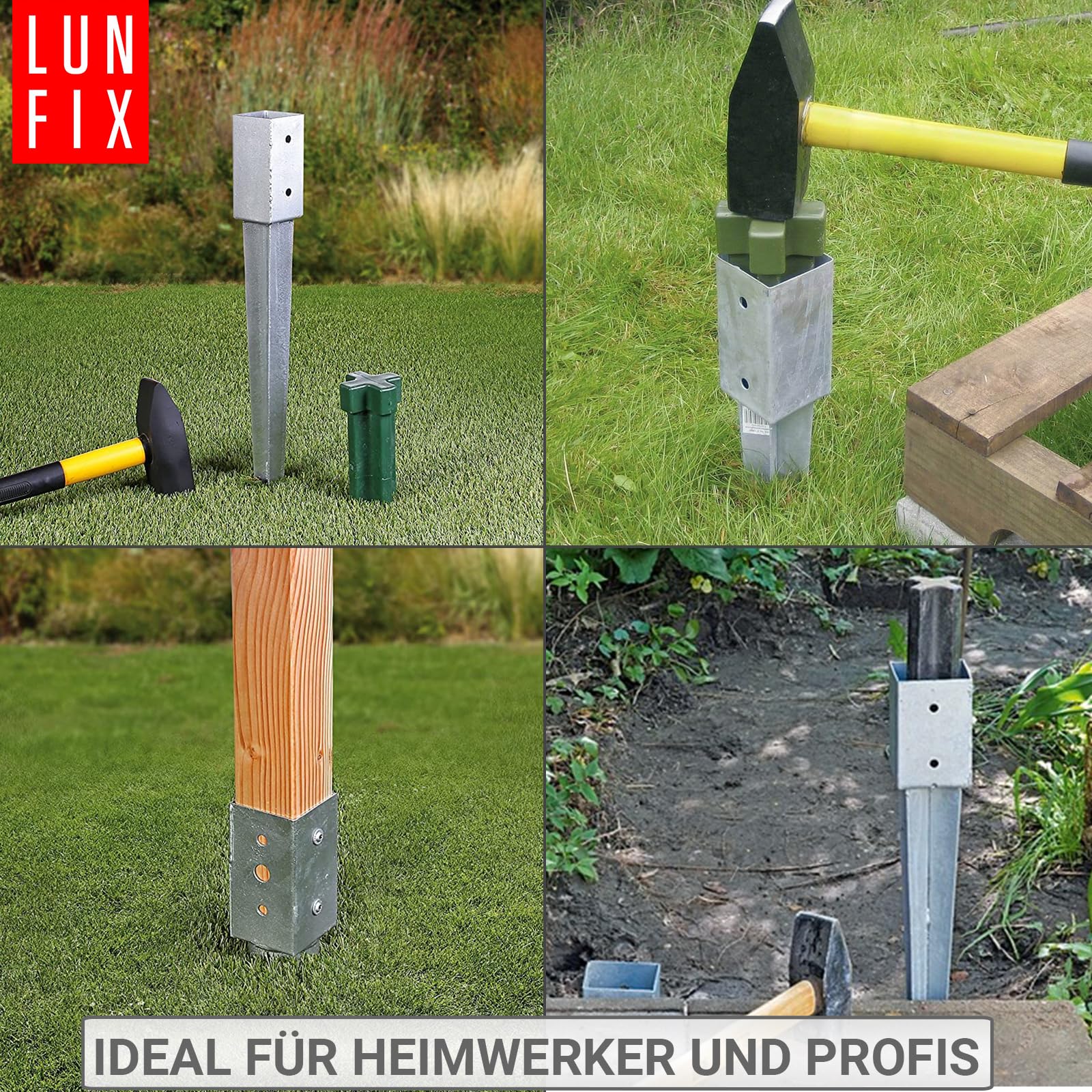 Soporte de Poste para Madera 100x100 mm, Acero Galvanizado, Punta de Anclaje al Suelo 750mm, Espesor 1.8 mm, Base Metálica para Valla Jardín, Fijación Poste Cuadrado Exterior, Lun Fix
