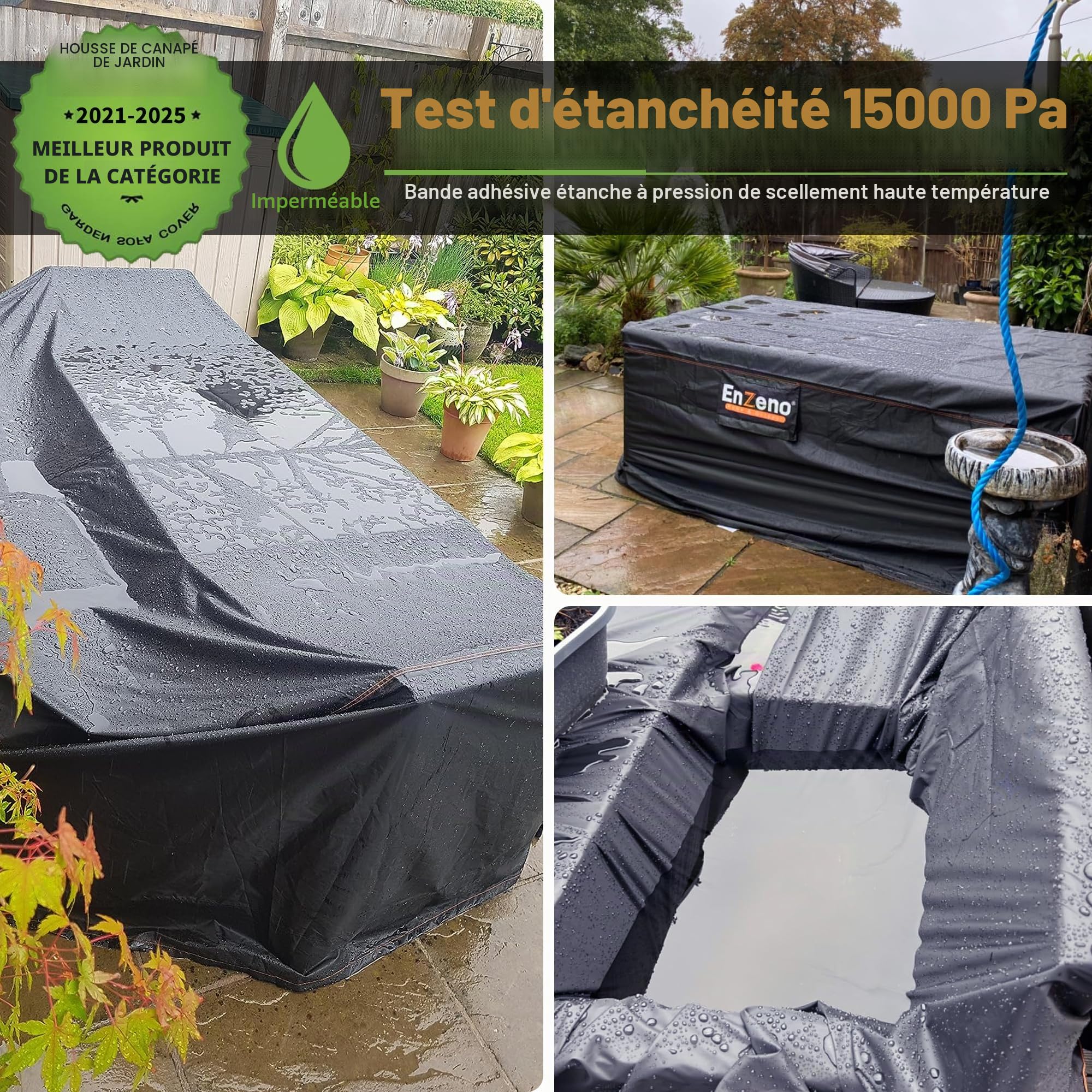 Enzeno Housse imperméable pour meubles de jardin en tissu Oxford 500D très résistant avec aérations plus larges pour chaise de patio et table en rotin, rectangulaire, 280 x 205 x 106 cm