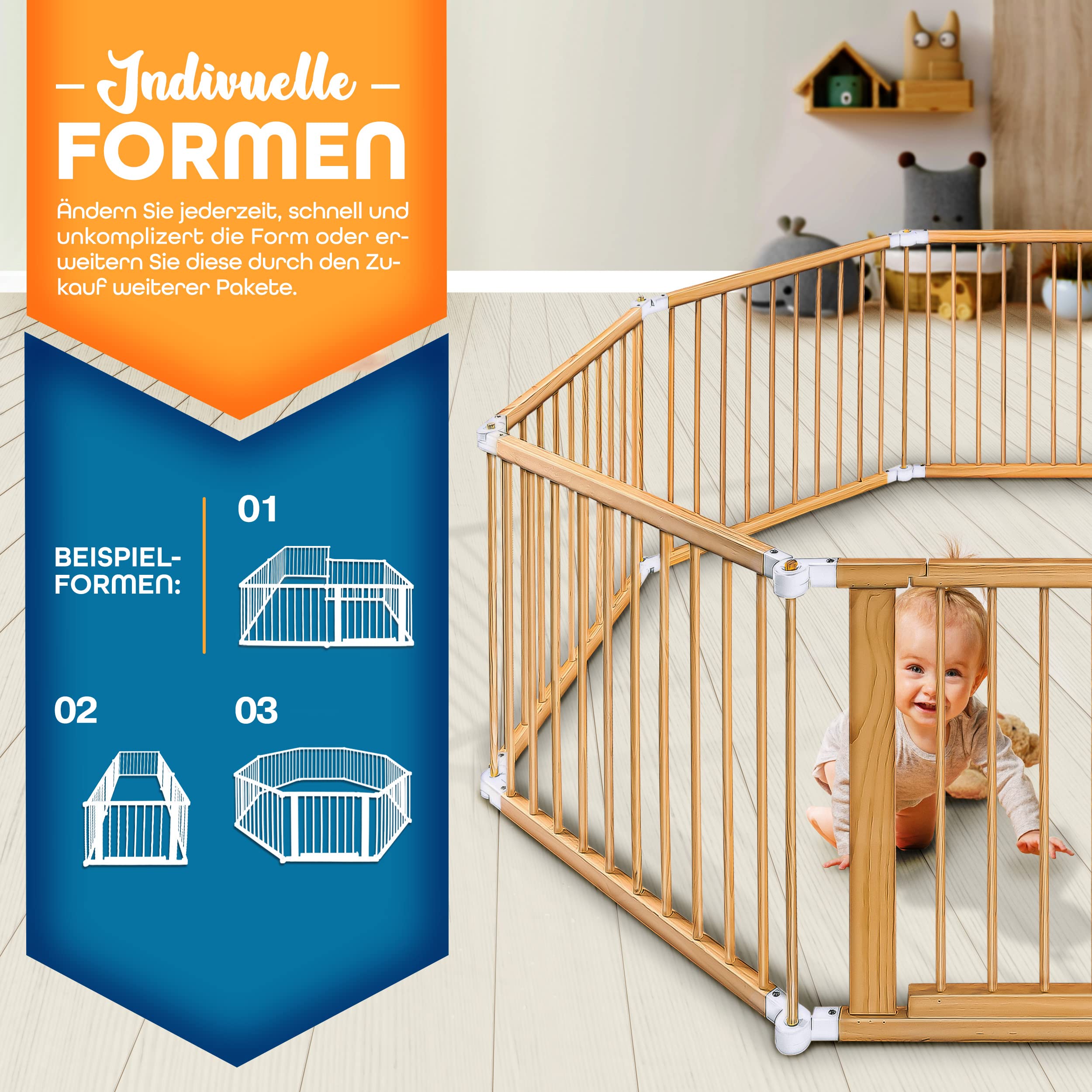 KIDUKU® 7,2 Meter Baby Laufgitter XXL klappbar inkl. Tür | Laufstall mit doppelter Sicherung | Absperrgitter für Kinder inkl. 8 Elementen | Krabbelgitter individuell formbar