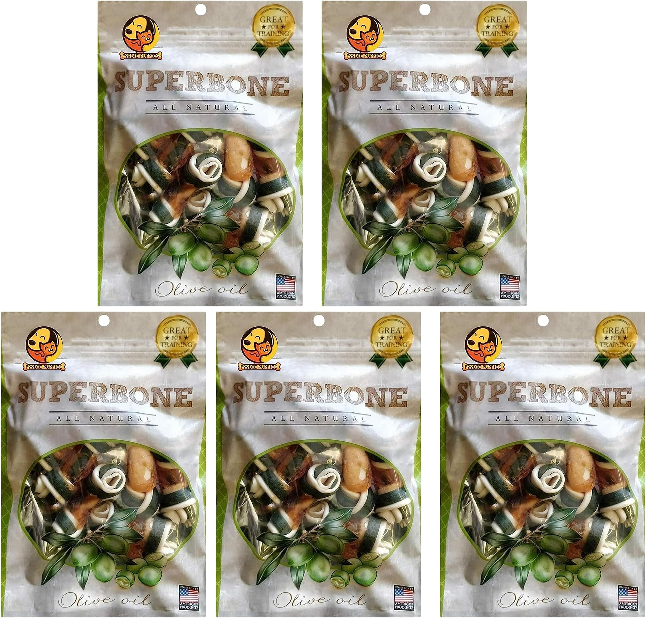 Foodie Puppies Superbone All Natural Chicken Knotted Dog Treat, 7 in 1 (Olive Oil - Pack of 5) | Highly-Digestible Training Chew Treat | Healthy and Tasty Snack Suitable for All Breeds of Dogs