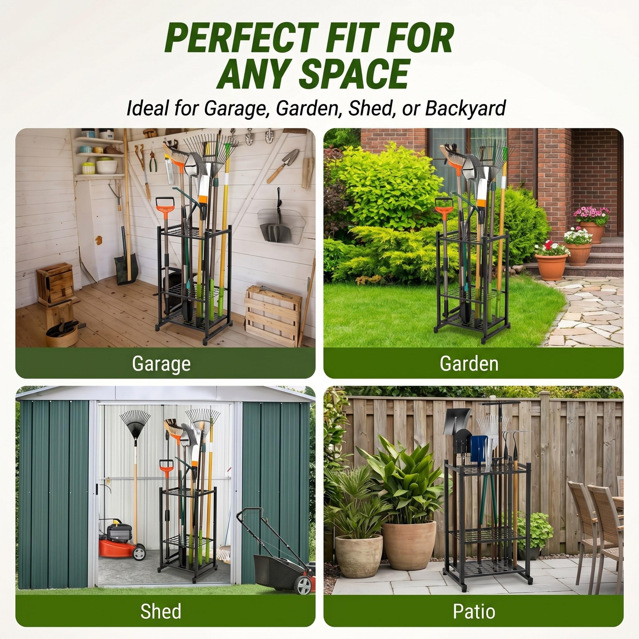 SOONHUA Supporto per attrezzi da giardino, torre degli attrezzi per il cortile per l'organizzazione e lo stoccaggio, per un massimo di 35 strumenti/rastrelli/scopa, robusto supporto per attrezzi da