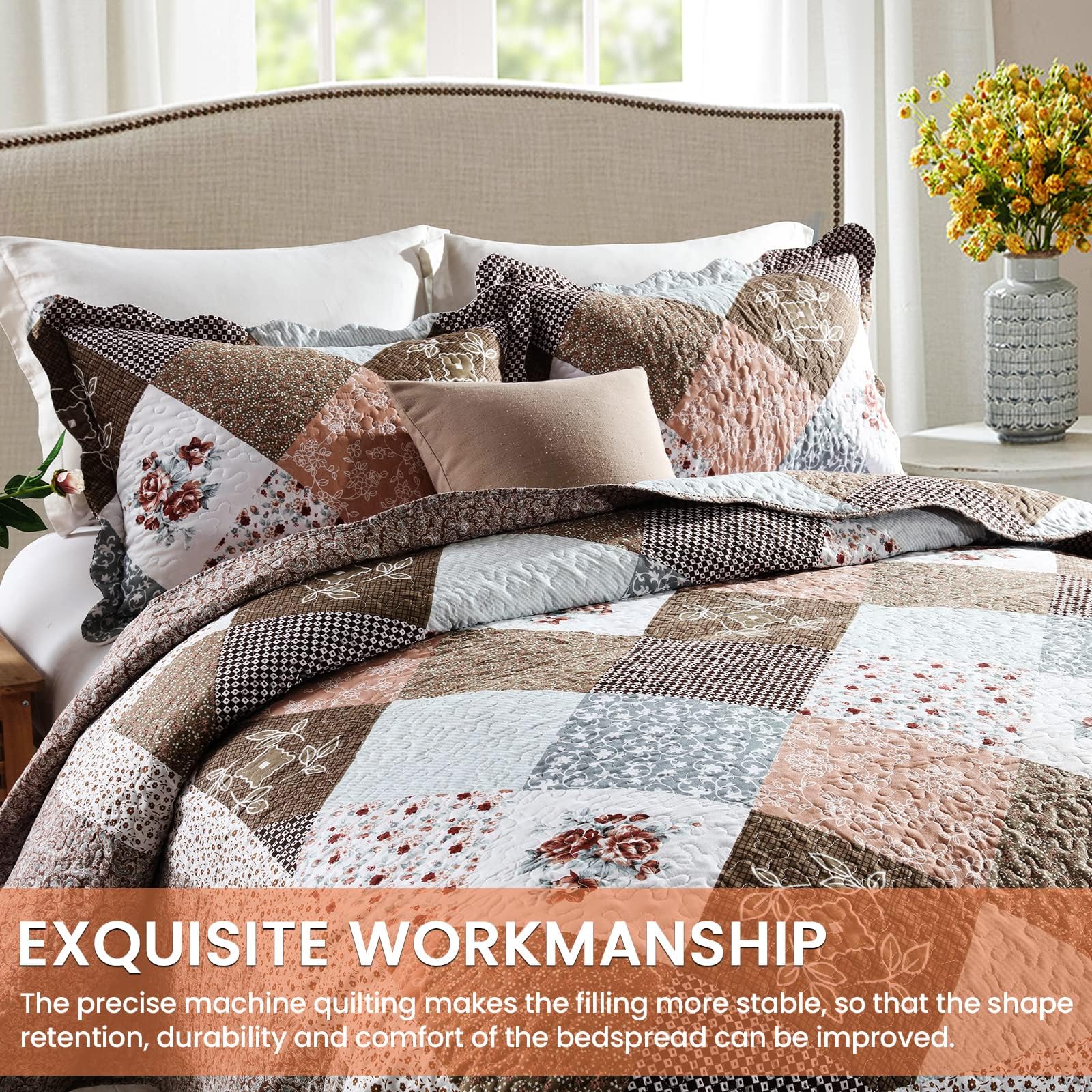 Qucover Tagesdecke Bettüberwurf für Doppelbett Gesteppte Decke Set mit Kissen Patchwork Tagesdecke mit Blumen Muster (Braun, 230x250cm)