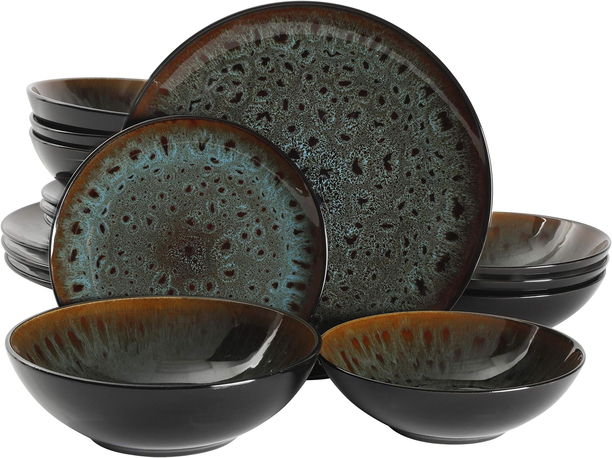 Gibson Elite Kyoto Double Bowl Dinnerware Set, Service for 4 (16pcs), Teal