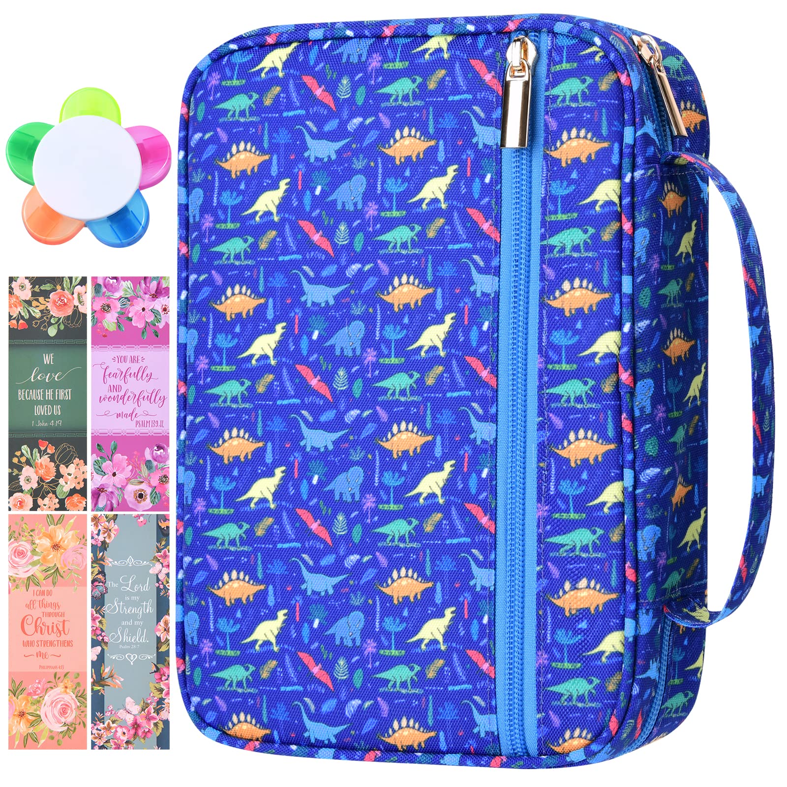 Bible Cover Case with Zip Pockets Church Bag Bible Study Tote Book Cover Ipad Case Bag for Kids Girls Boys Christian School - Bonus Highlighter and Bookmarks (Navy Dinosaur)
