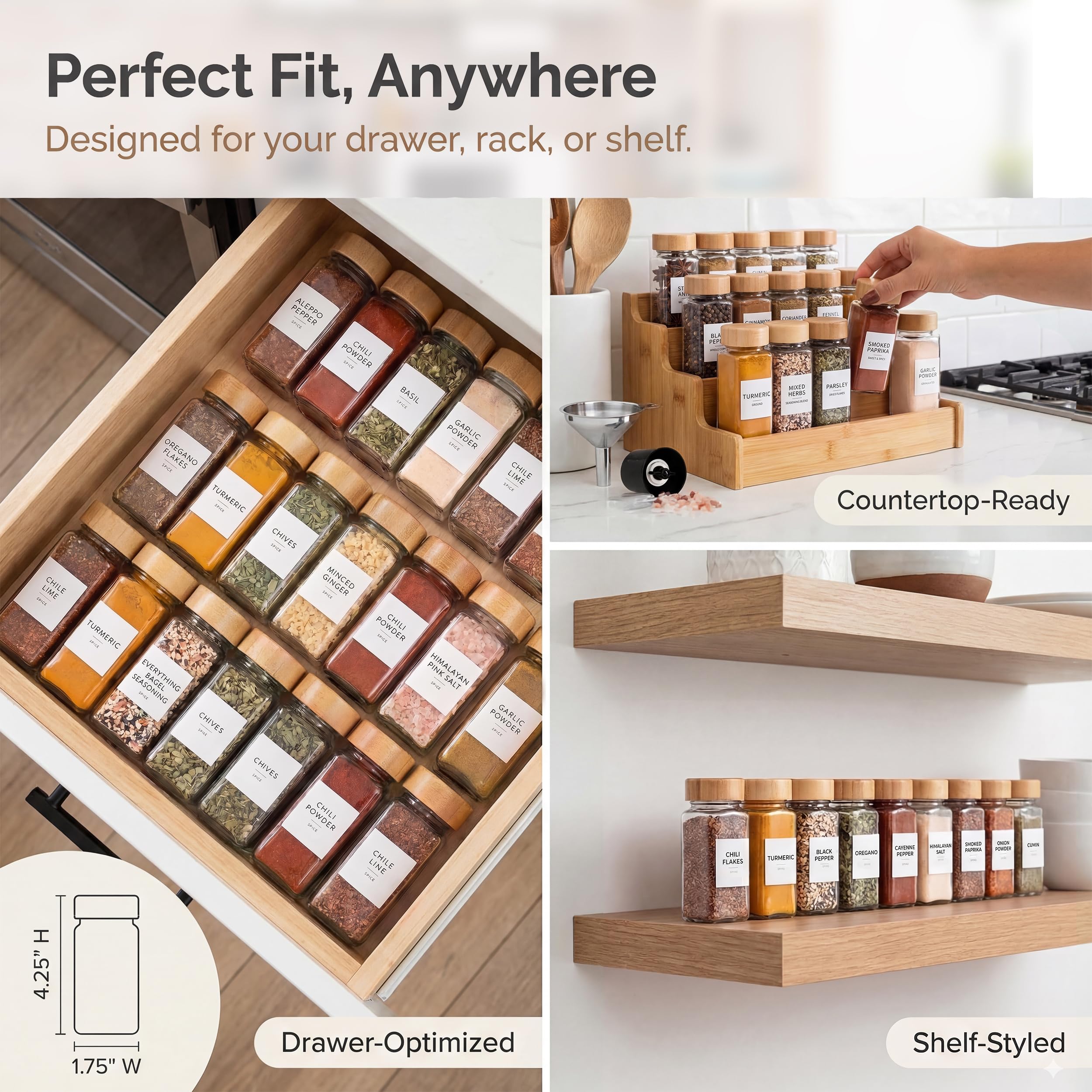 SAVVY & SORTED Barattoli per spezie in vetro con etichetta, set da 24 barattoli di bambù per spezie, 374 etichette per spezie, macinapepe, contenitori vuoti per condimenti per erbe, imbuto e coperchi