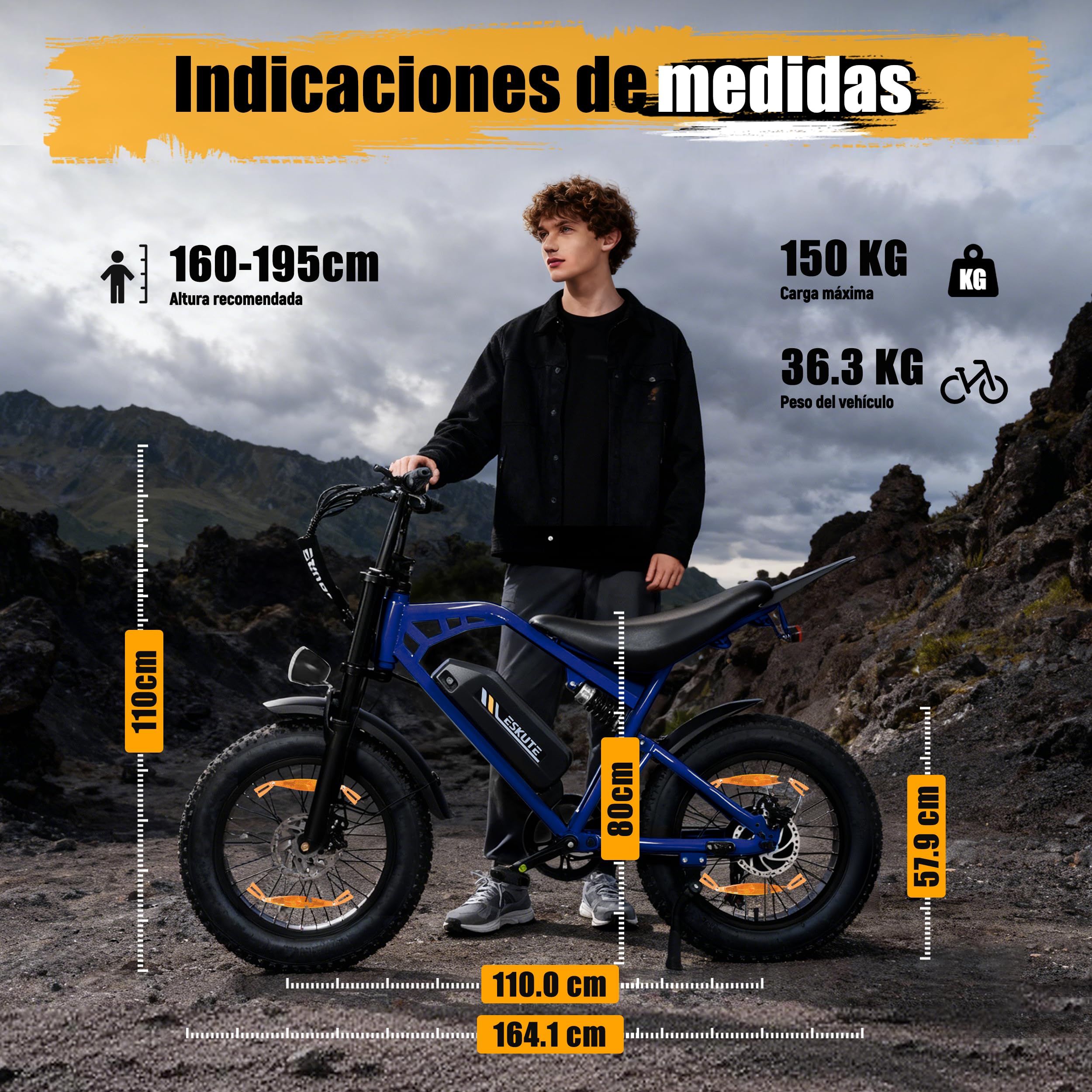 ESKUTE V202 - Bicicleta eléctrica para adultos, Fat Bike eléctrica 20 x 4.0 con batería extraíble de 48 V 20,8 Ah, E-Bike All Terrain, 7 velocidades, frenos de disco mecánicos