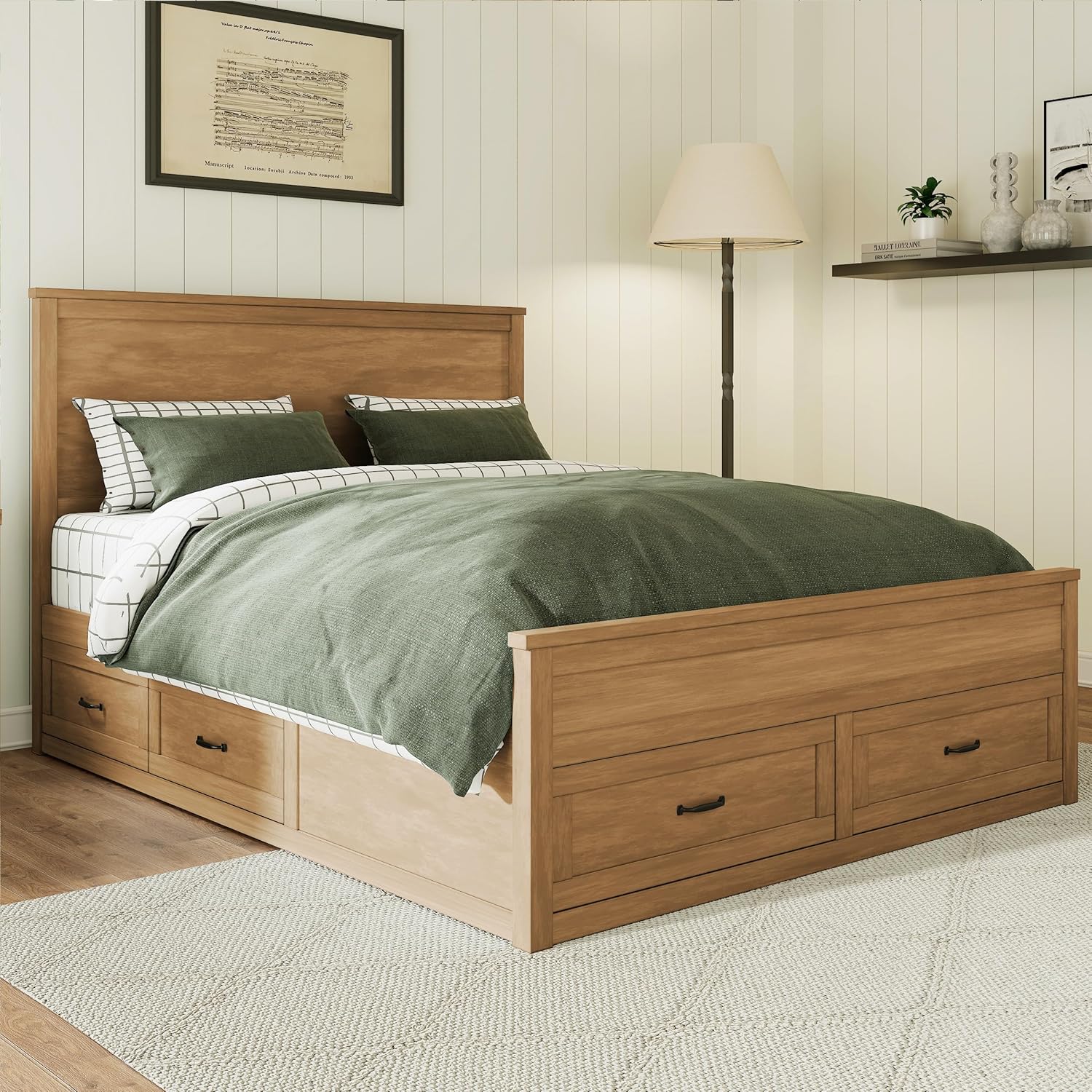 Queen Storage Bed Frame with 6 Drawers, Solid Wood Platform & Slat Support, No Box Spring Needed (Seadrift)