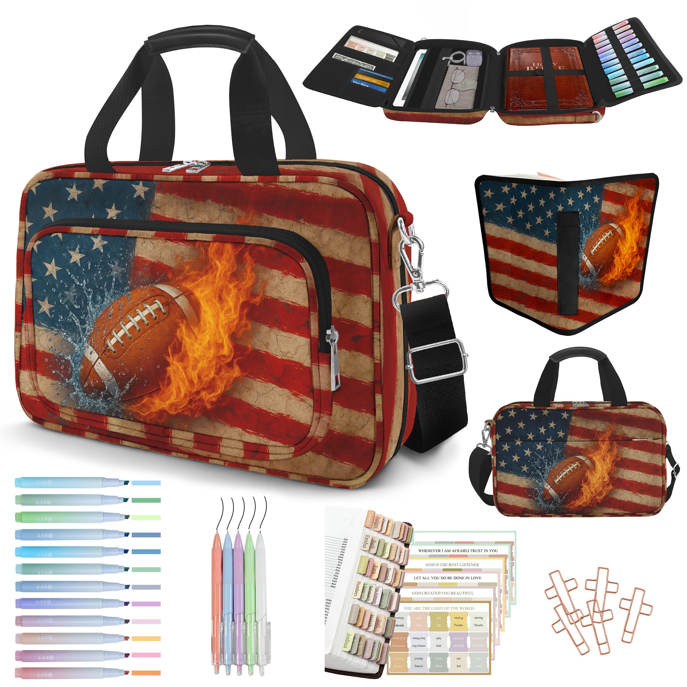 bolimoss Rugby Bible Case for Men Boys, Large American Flag Bible Cover Case with Strap Handle Zipper Pockets for Church, Fire Ice Bible Carrying Case with Pens Highlighters Cross Clips Tabs for Gifts