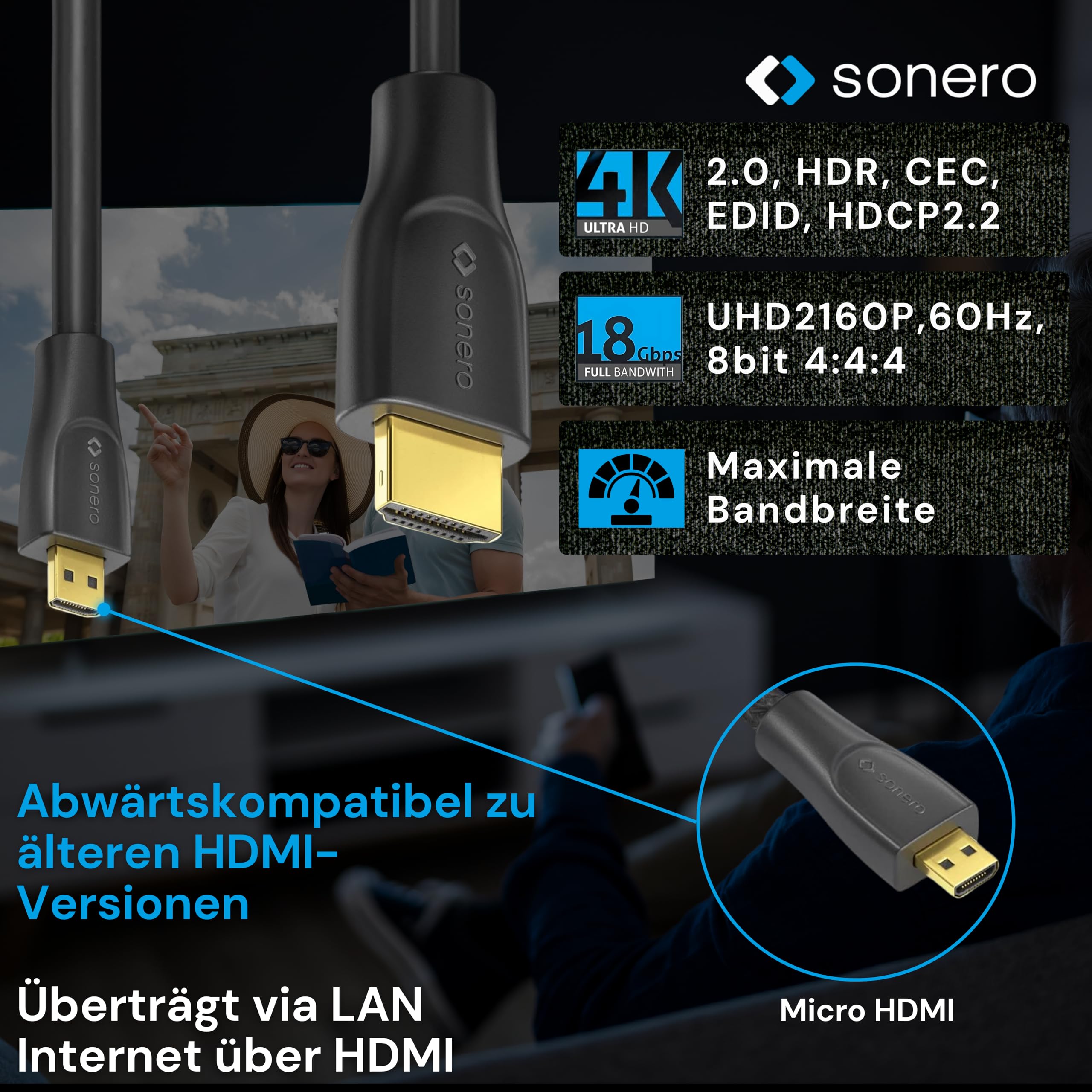 Sonero® Kabel Premium High Speed ​​Micro HDMI do HDMI 4K, wtyczka Micro HDMI D do HDMI A, pozłacane styki, podwójne ekranowanie, 0,50 m