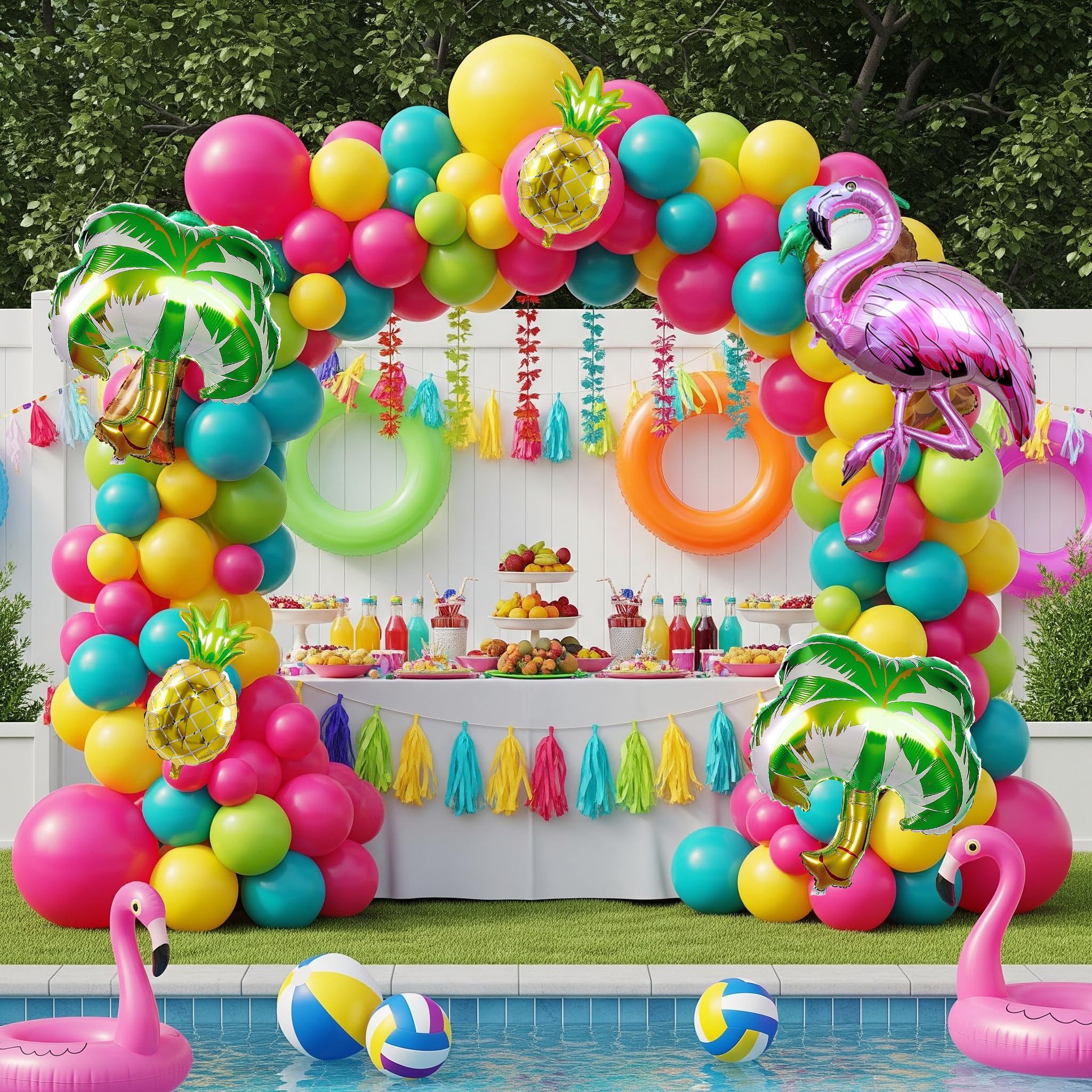 Tropical Balloon Arch Garland Kit，Hot Pink Lime Green Yellow Balloon with Flamingo Foil Balloons for Hawaiian Luau Aloha Summer Beach Birthday Party