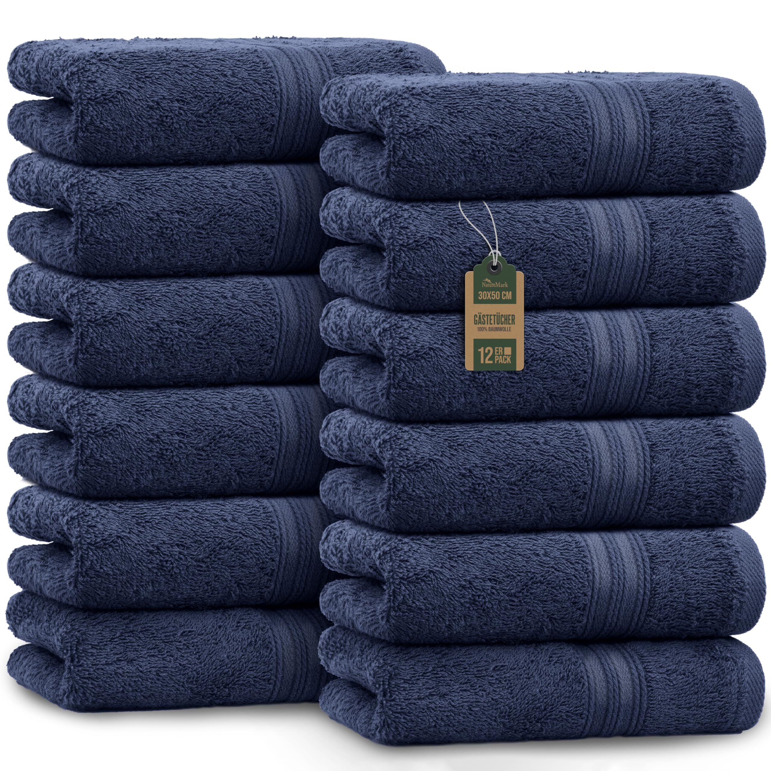 NatureMark Gästetücher – 12er Pack (30x50 cm), 100% Baumwolle, Oeko-Tex Zertifiziert, weich, saugfähig und pflegeleicht – Für Bad, Gäste & Spa – Marineblau