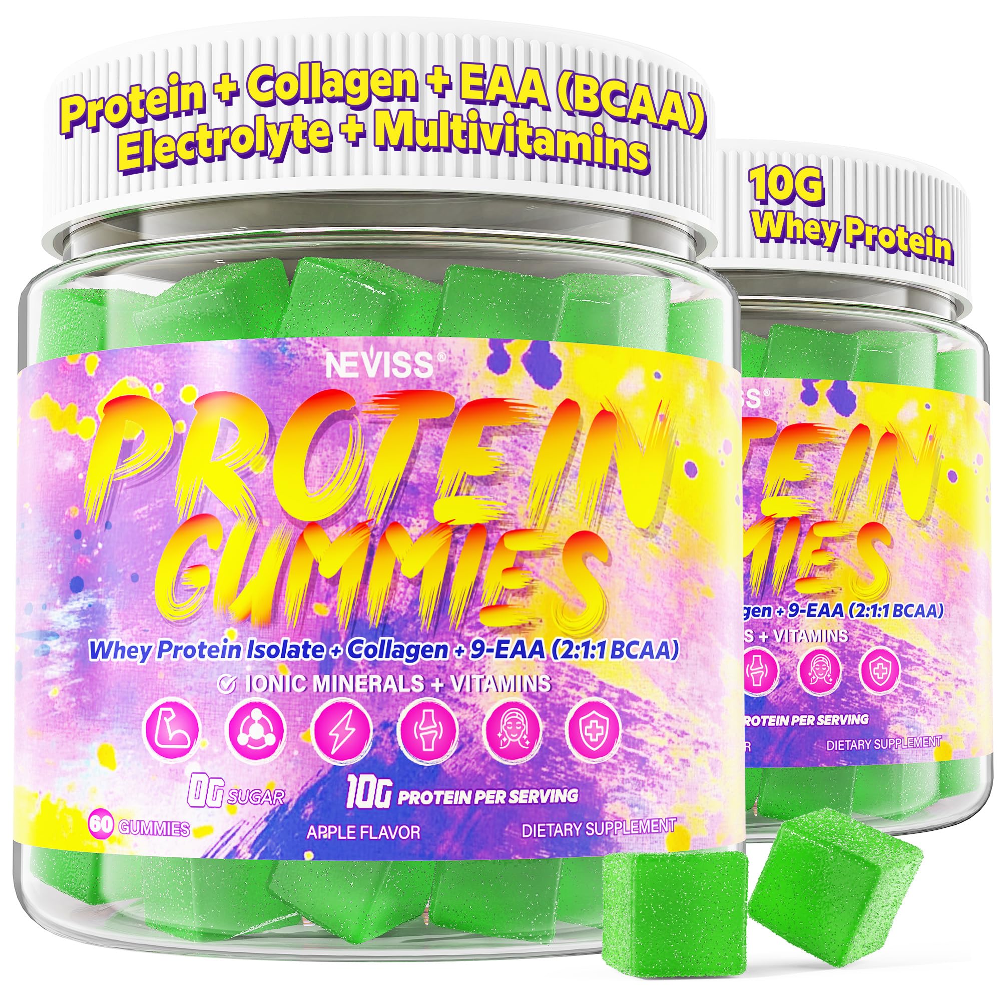 Grass-Fed Whey Protein Gummies 10g for Women Men + Collagen BCAA EAA, 2Pack