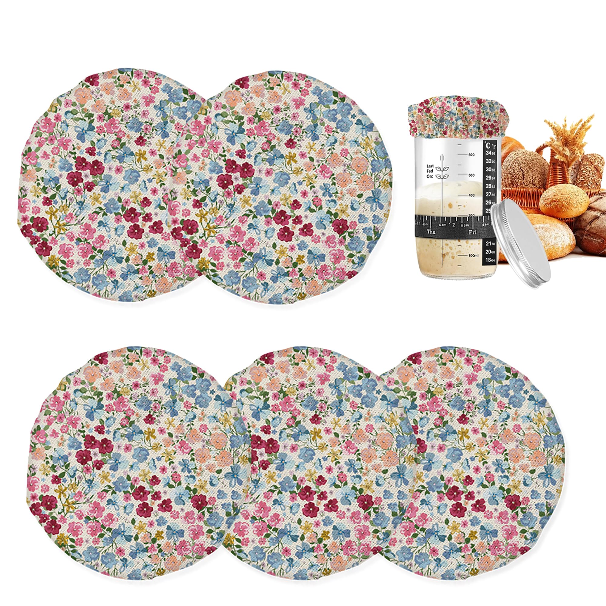 Sourdough Starter Jar Cloth Covers,Wild Flowers Floral Meadow Heat Preservation to Increase Fermentation Cover for Bread Rising Sourdough Bread Proofing Cover?5 Pack?