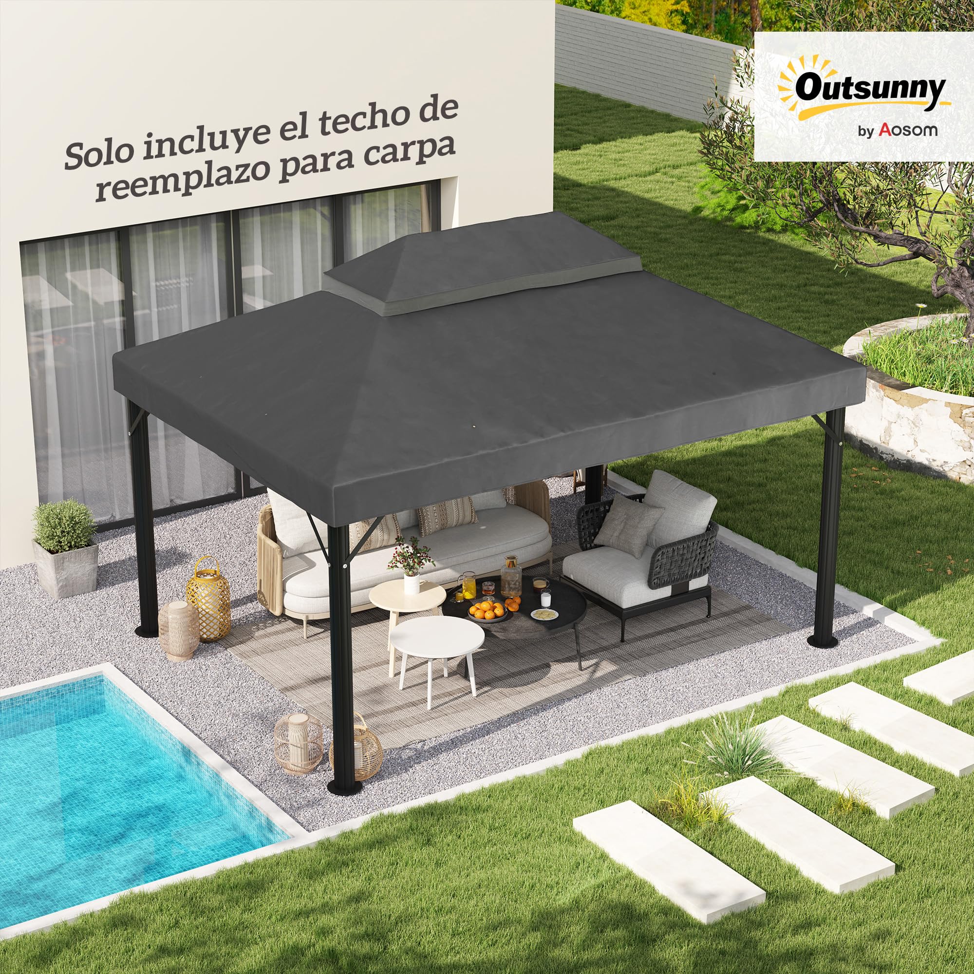 Outsunny Techo de Repuesto para Cenador, 4x3 m, Cubierta de Repuesto con Techo Doble, Orificios de Drenaje y UPF30+, Tela Oxford 600D Impermeable, Solo Toldo de Recambio para Pabellón Gazebo, Gris