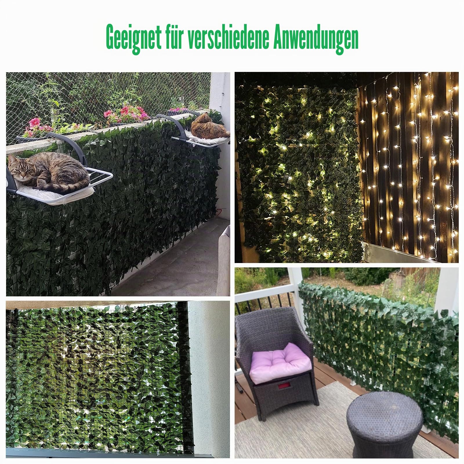 Künstlicher Efeu-Zaun, 3 m x 1 m (2 x 3 x 0,5 m) künstliche Hecken, Sichtschutzzaun für Garten, Balkon, Außenbereich (verbesserte Apfelblätter)