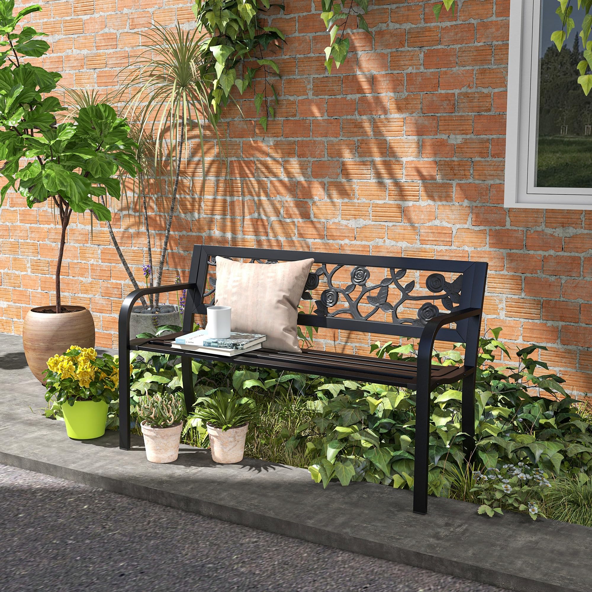 Outsunny 50" Banco Exterior de Metal, Banco 2 plazas Negro | Respaldo con patrón floral, reposabrazos curvo, invernadero, piscina, cubierta, jardín