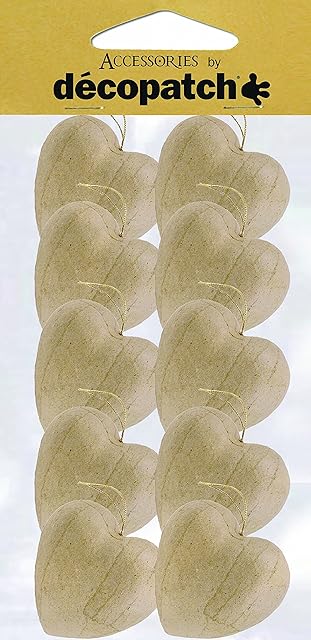 Décopatch - Ref AC354O - Heart Baubles (Pack of 10) - Papier Maché Object to Decorate - 2.5 x 4 x 4cm - Decorate with Décopatch Papers & PaperPatch Glue, Glitter, Paints