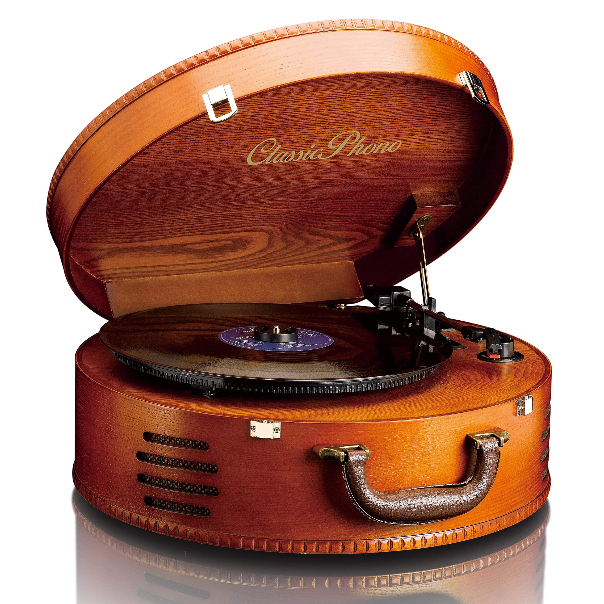 Classic Phono TT-34 - Plattenspieler - Retro Schallplattenspieler - Kofferplattenspieler - USB -Anschluss zum Digitalisieren - Riemenantrieb - Stereo Lautsprecher - 3 Abspielgeschwindigkeiten - braun