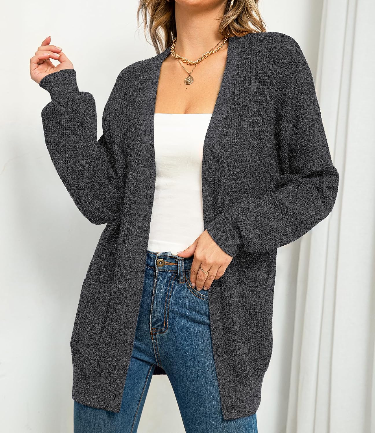 QUALFORT Women's 100% Cotton Button Down Cardigan Sweater with Pockets image 3