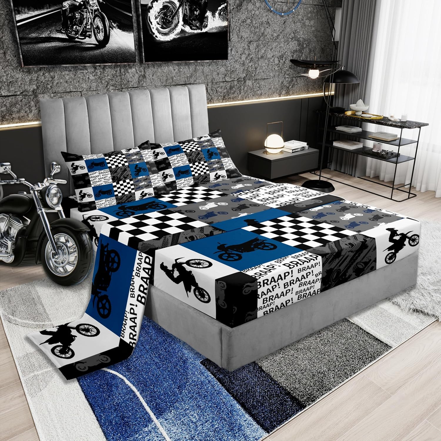 Dirt Bike Bedding Set Full Black Grey Blue Motocross Rider Sheet Set Kids Boys Teens Men Bedroom Racing Themed Patchwork Grid Packet Fitted Sheet Fashion Motorcycle Silhouette Top Flat Sheet 4Pcs