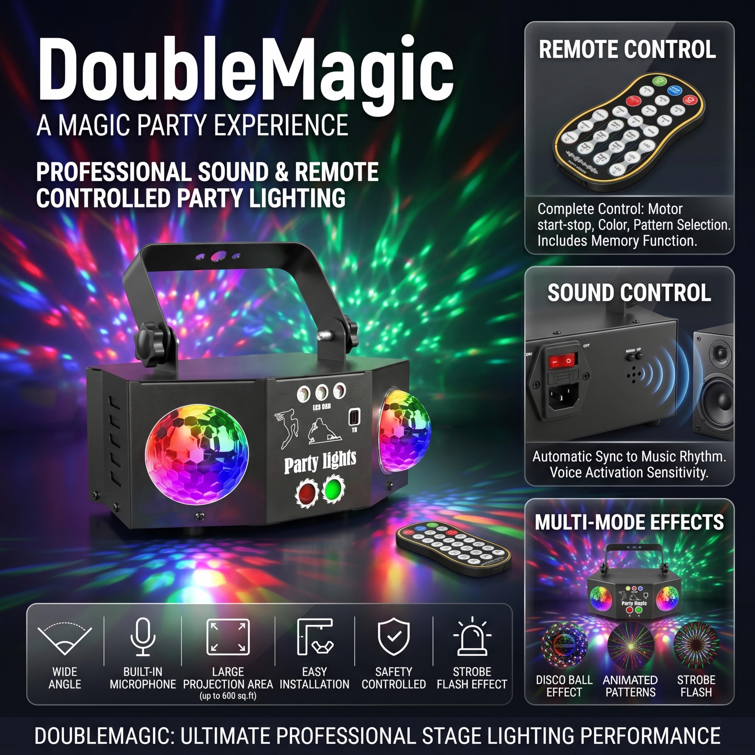 Miralin Boule Disco LED avec Laser et Stroboscope – Lumière DJ Réactive au Son, Télécommande, Éclairage Fête Anniversaire, Maison, Mariage, Scène, Festival, Événement