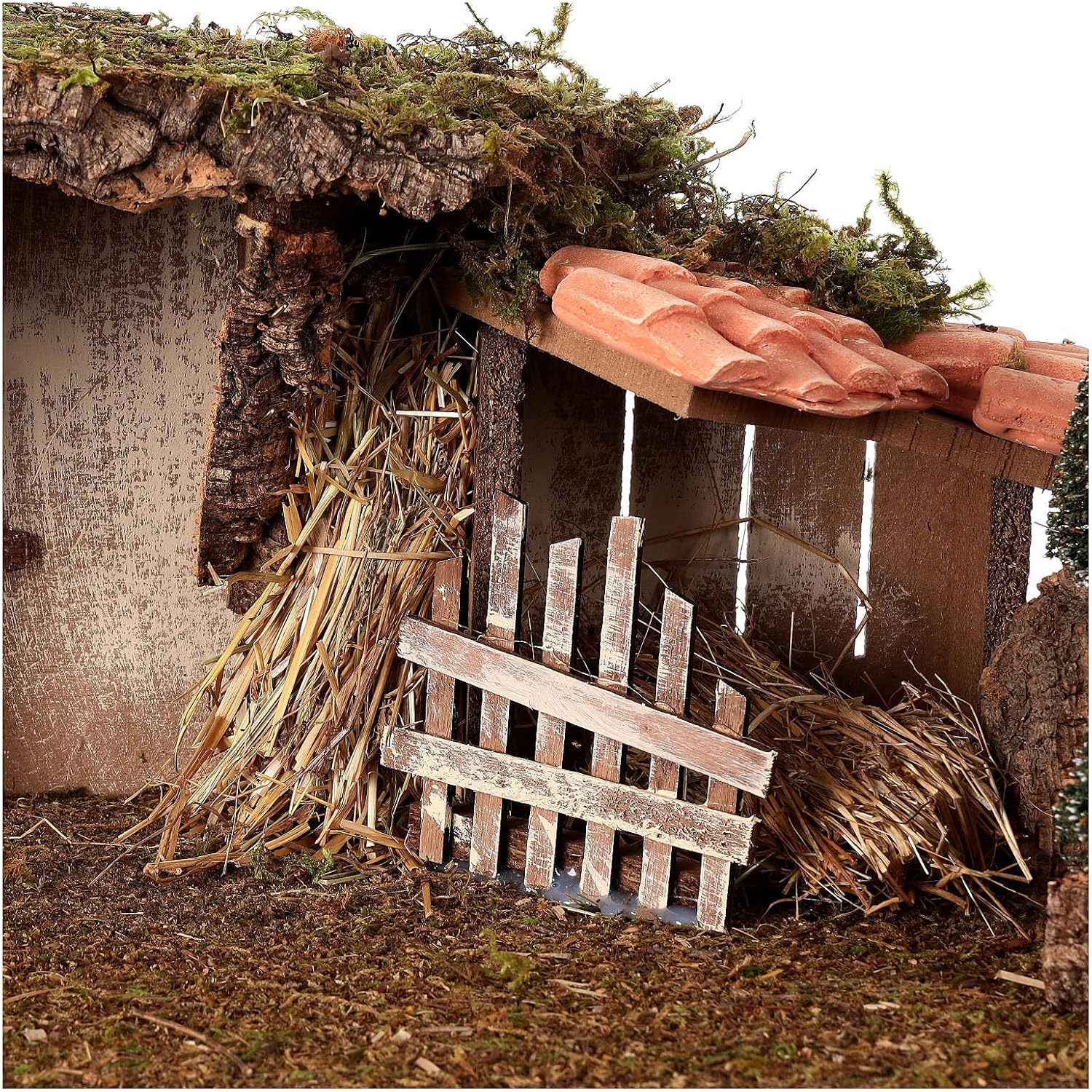 Holyart Wooden Stable with hay and Pine Trees 20x60x25 cm