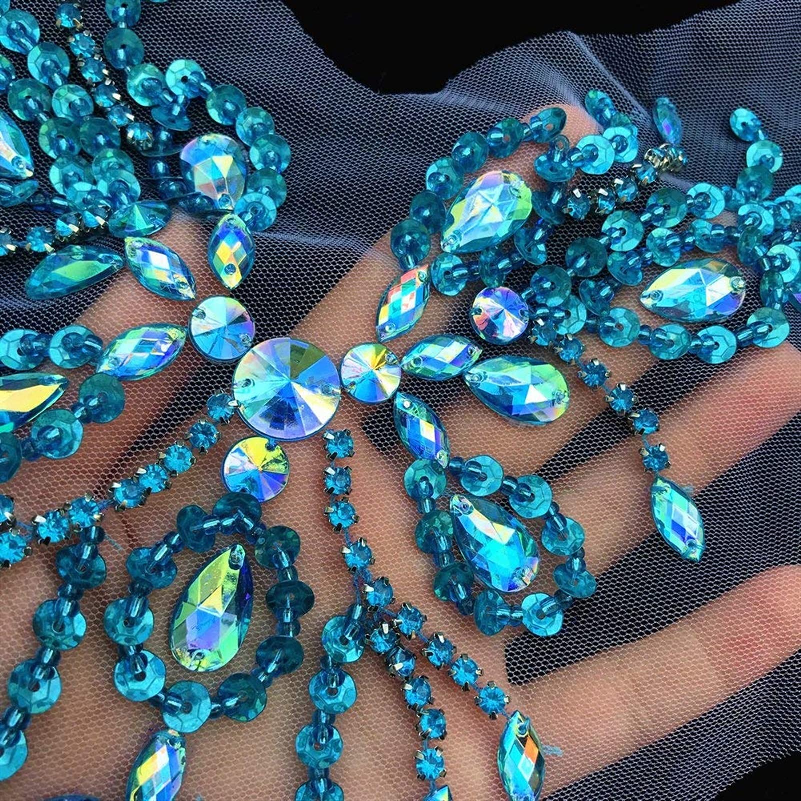 Amazon.com: YUNSI 30x39cm Neckline Blue Sew onStones and Crystals Beaded  Trim Bridal Applique Design Sewing for Wedding Dress DIY Crafts