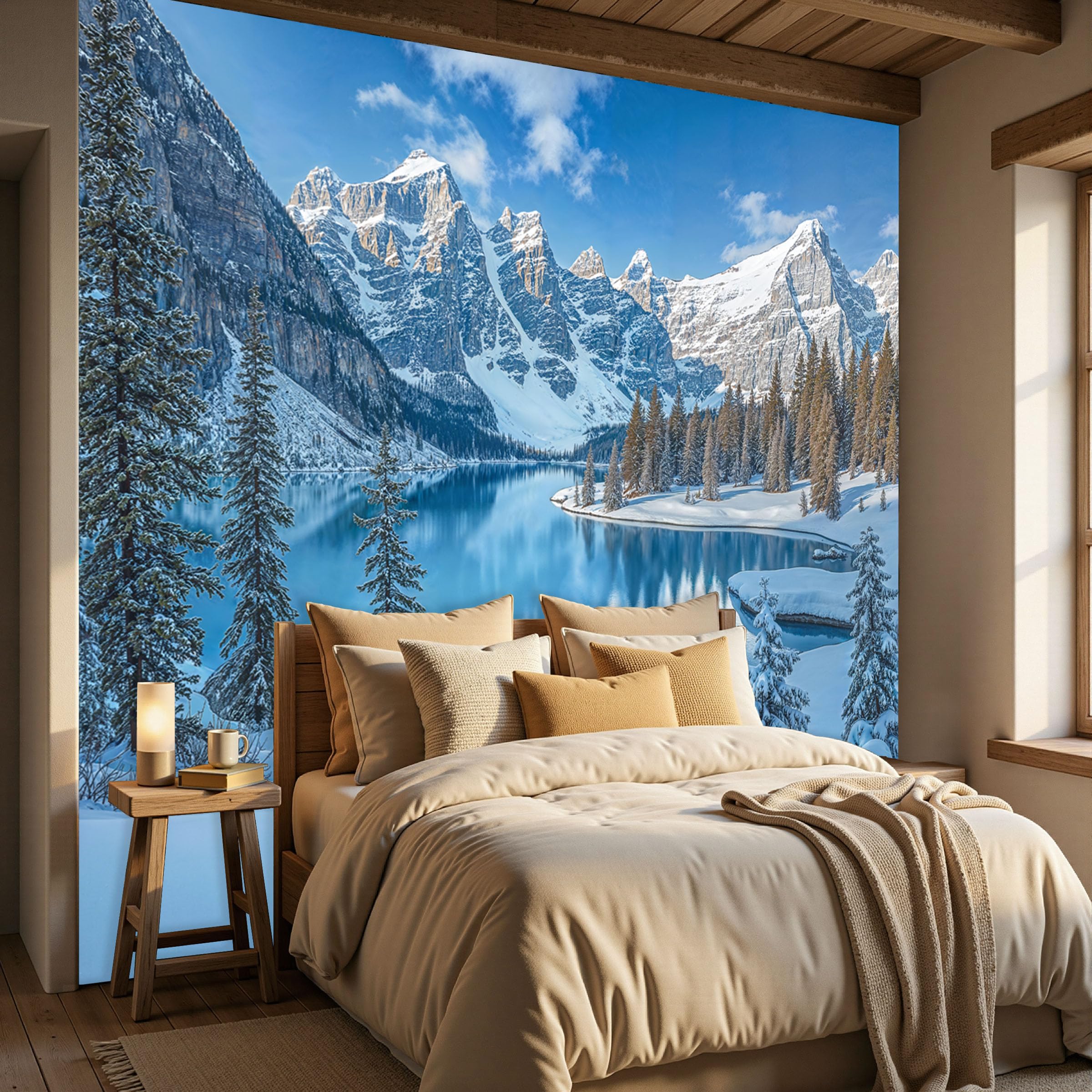 Murales 3D Per Soggiorno Carta da Parati con Montagne Innevate E Laghi Paesaggio Invernale, Carta da Parati Soggiorno la Parete Foto Personalizzata Per Camera da Letto Mural, 350Lx256A cm