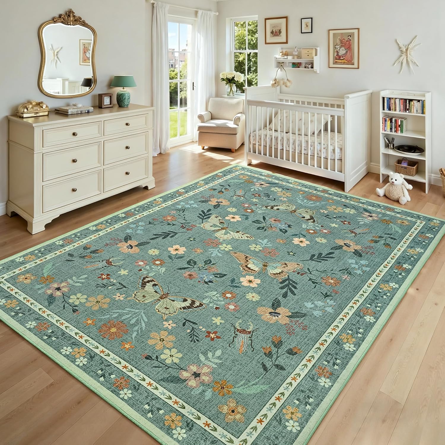 Tepook 4x6 Print Area Rugs for Living Room, Washable Non-Slip Butterfly Floral Rug for Bedroom, Low Pile Modern Rugs Throw Carpet with Rubber Backing for Dining Room Kitchen Office, Light Green