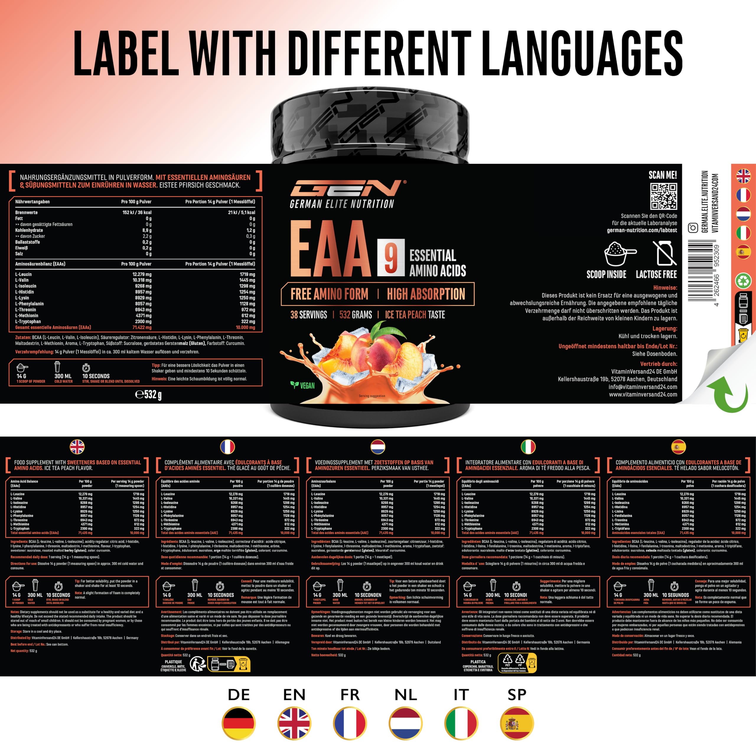 GEN GERMAN ELITE NUTRITION EAA Pulver - 532 g - 9 essentielle Aminosäuren | Ice Tea Peach, Human Code Formel, inkl. Histidin & BCAA, 10 g EAA pro Portion