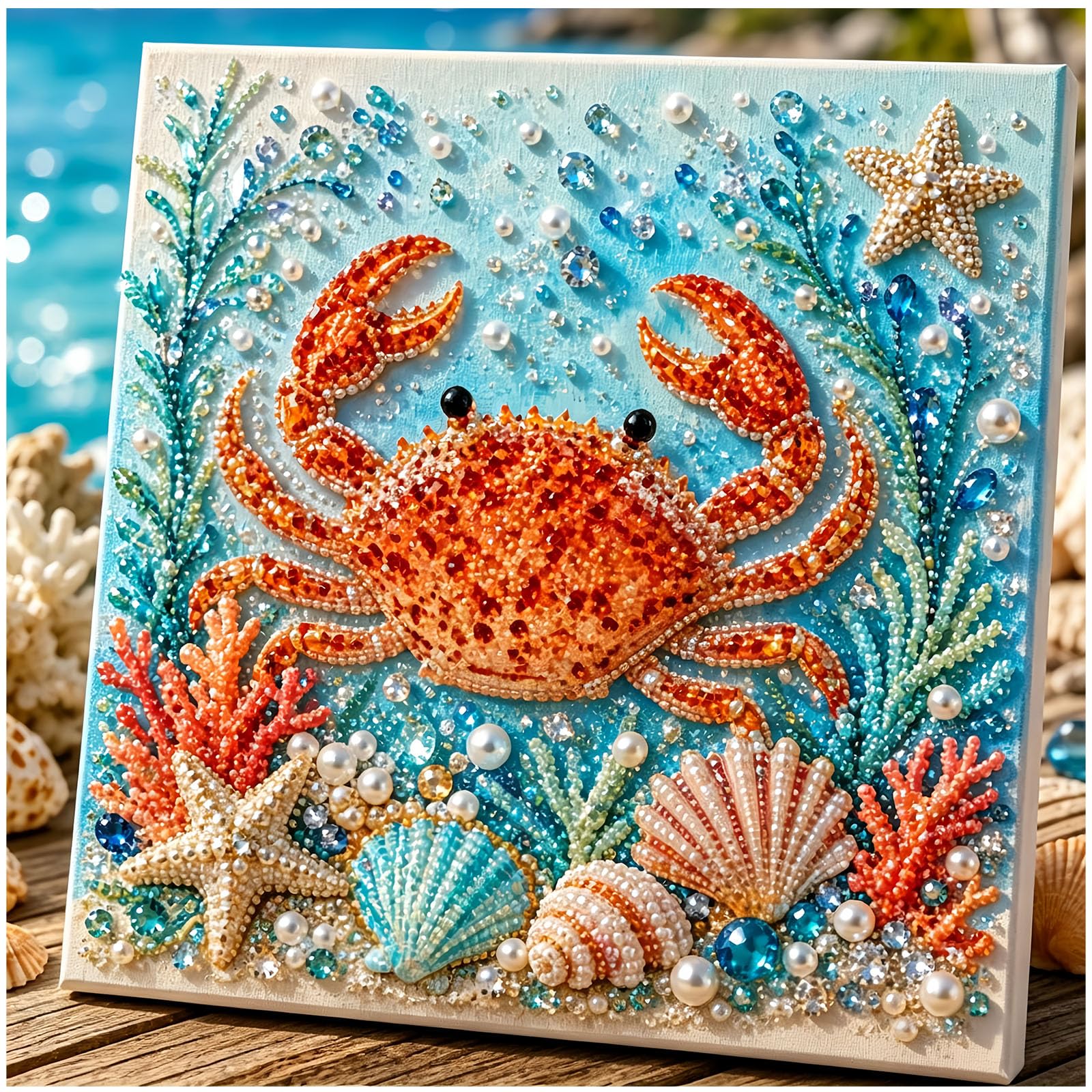 Jeeeun Ocean Theme Pearl Art DIY Kit, 3D Ocean Animal Pearl Art Craft with Pearls & Rhinestones, Sparkling Coastal Wall Decor for Adults & Beginners (Crab)