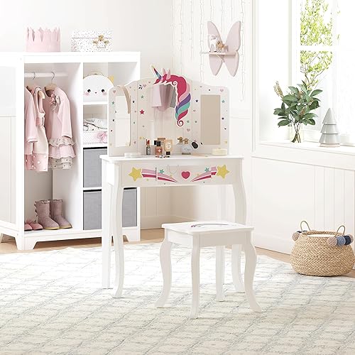 Miniatura 7 de Spirich Vanidad para niños, juego de tocador para niñas con espejo, taburete y luces, juego de mesa y silla de tocador para niños, mesa de tocador